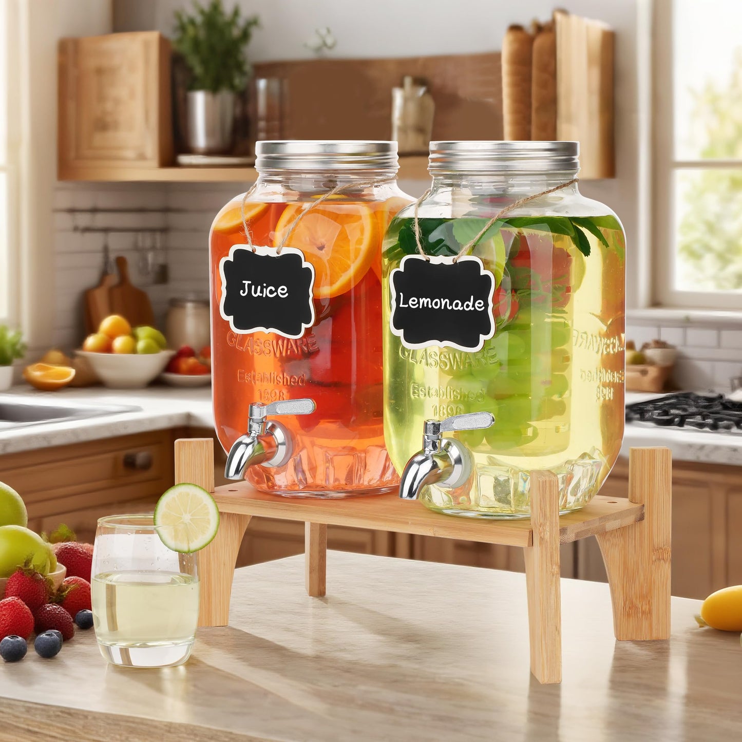 Set of 2 Glass Drink Dispensers for Parties, 1 Gallon Ice Beverage Dispensers with Stand, Juice Dispenser with Fruit Infuser & Leak-Proof Spigot, Ideal for Lemonade, Tea, and Party Drinks