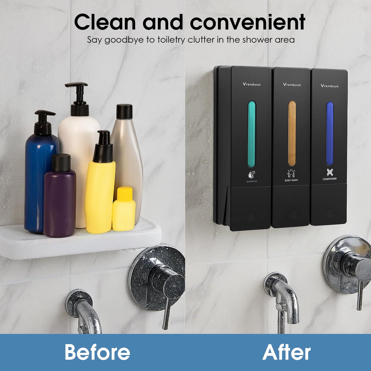 Shampoo and Conditioner Dispenser,Shower Dispenser 3 Chamber No Drill,Shower Soap Dispenser Wall Mounted for Bathroom Hotel with Upgrade Pump Head,3 * 400ml (Black 3 Chamber)