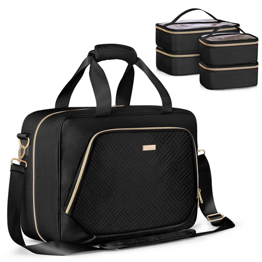 Prokva Large Makeup Bag with 4 Detachable Cosmetic Cases, Professional Make up Organizer Bag with Makeup Brushes Storage Section and Hair Tools Pocket, Black (Empty Bag Only)