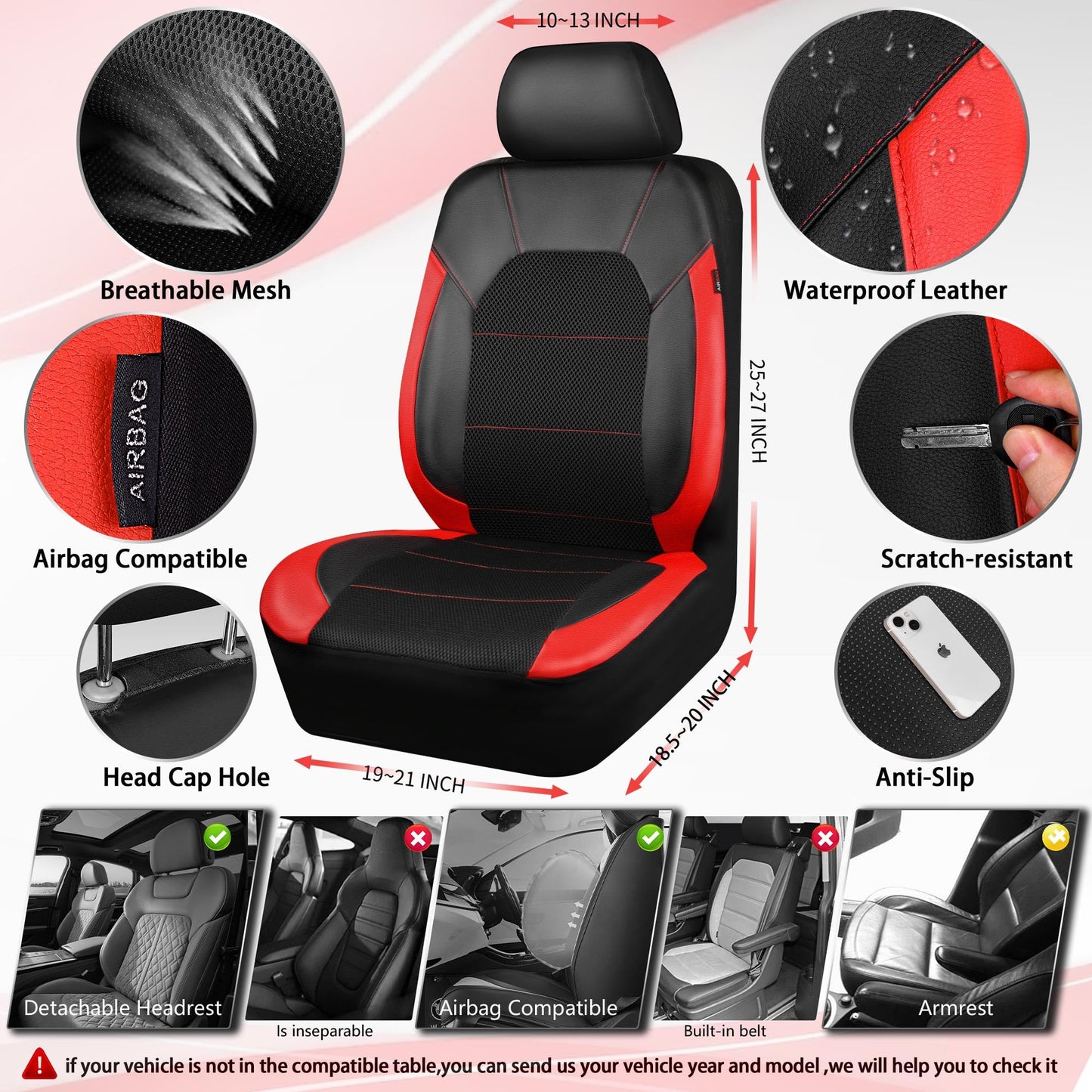 CAR Pass Universal Leather Two Front Seat Covers,Sport seat Covers fits Most Cars, SUVs, Trucks, and Vans Airbag Compatible (Black and Red)