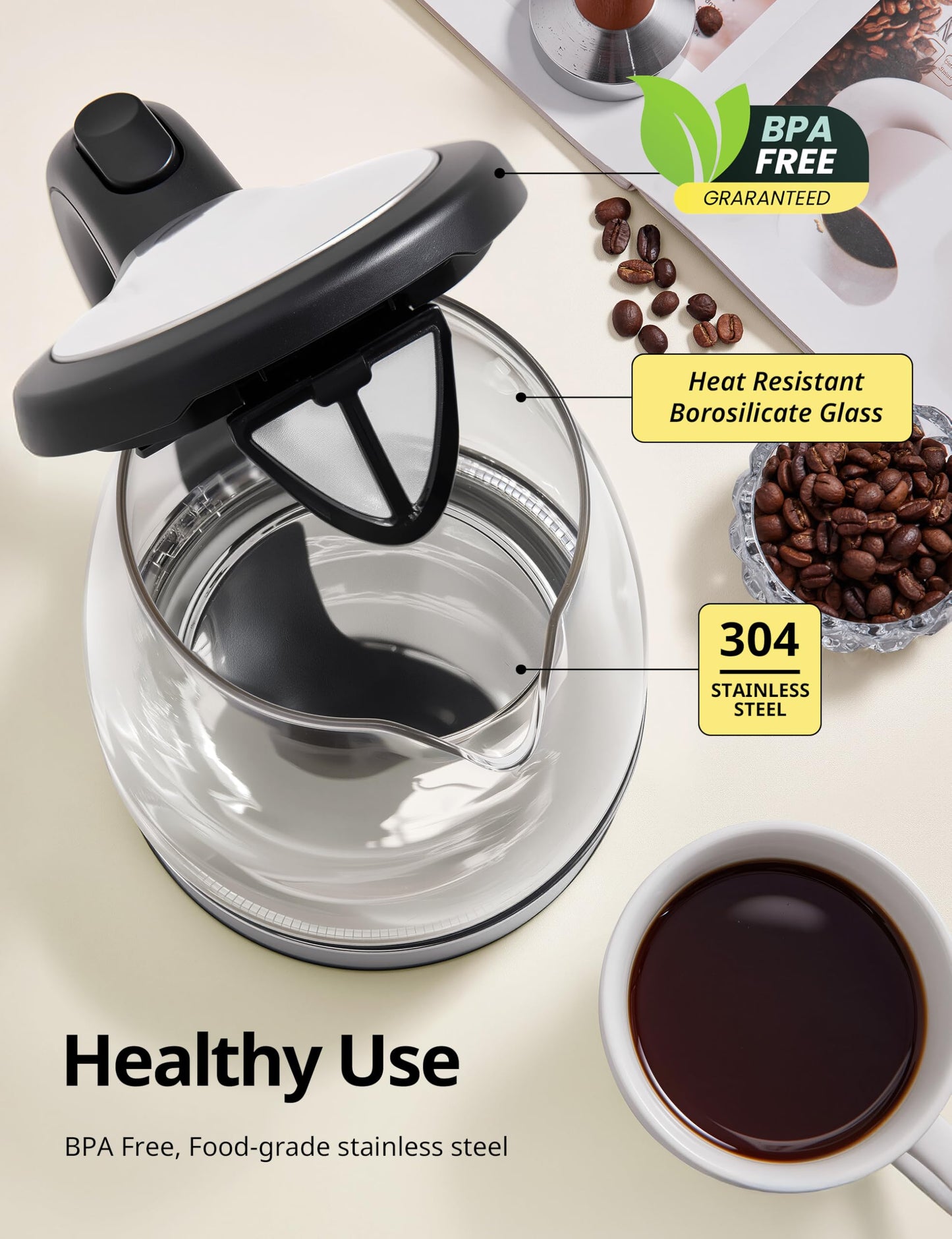 Comfee Electric Kettle, 1.7L 1500W, Hot Water Boiler, Removable Lid for Easy Cleaning, Auto Shut Off, Boil-Dry Protection, 360° Swivel Base, BPA Free, Borosilicate Glass Electric Tea Kettle