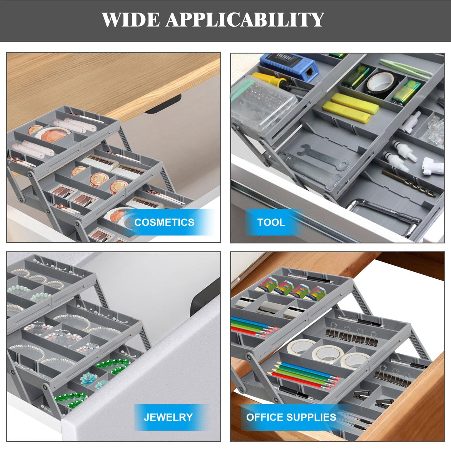 3 Tier Drawer Organizer, Expandable Junk Multi Level Folding Smart Drawer Organizer for Makeup, Jewelry, Desk, Office Drawers (3 Tier)