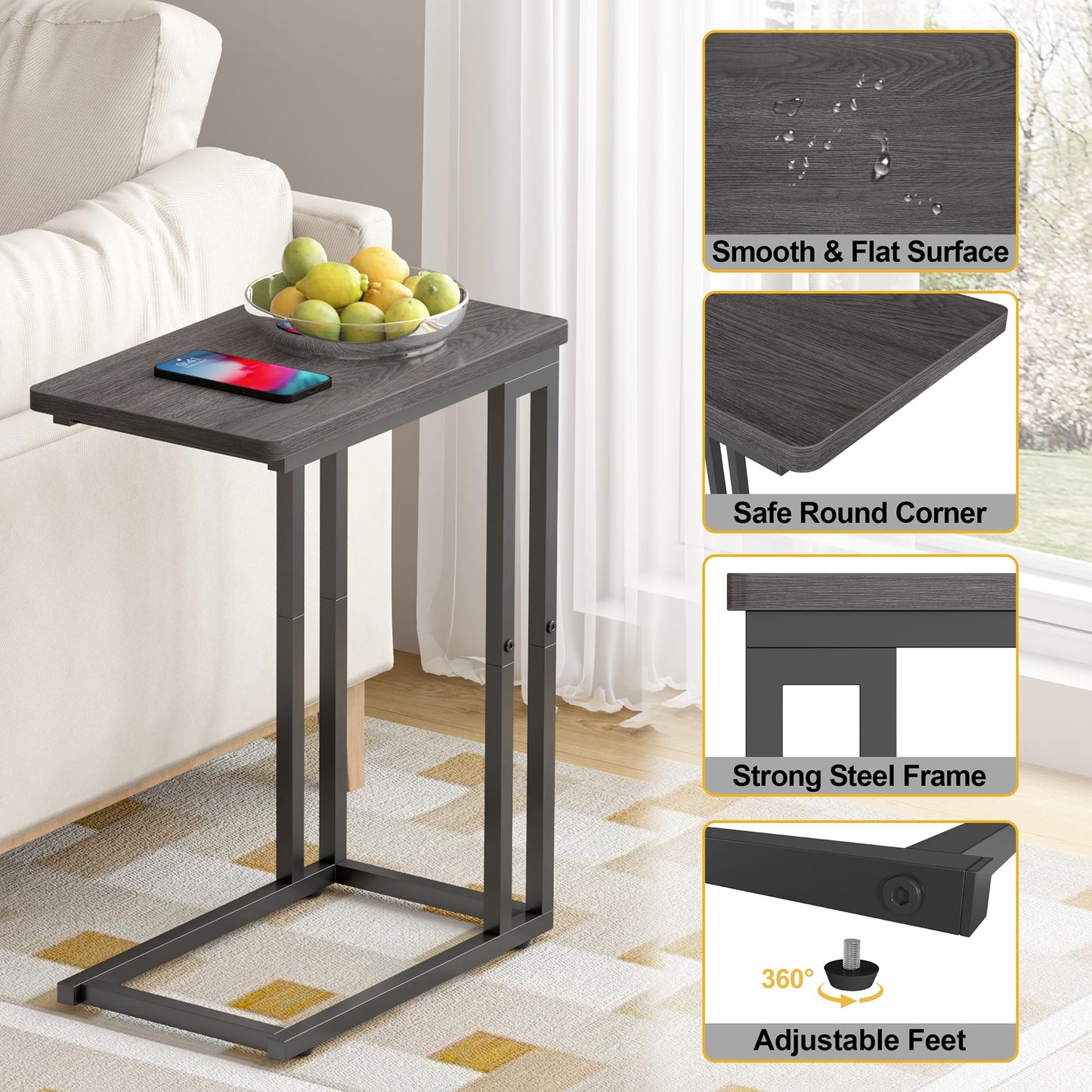 Yusong C Shaped End Table, Couch Side Table that Slide Under Sofa Bed, Small Table for Small Spaces, Skinny Overbed Table, Coffee Drink Snack Table for Living Room, Grey