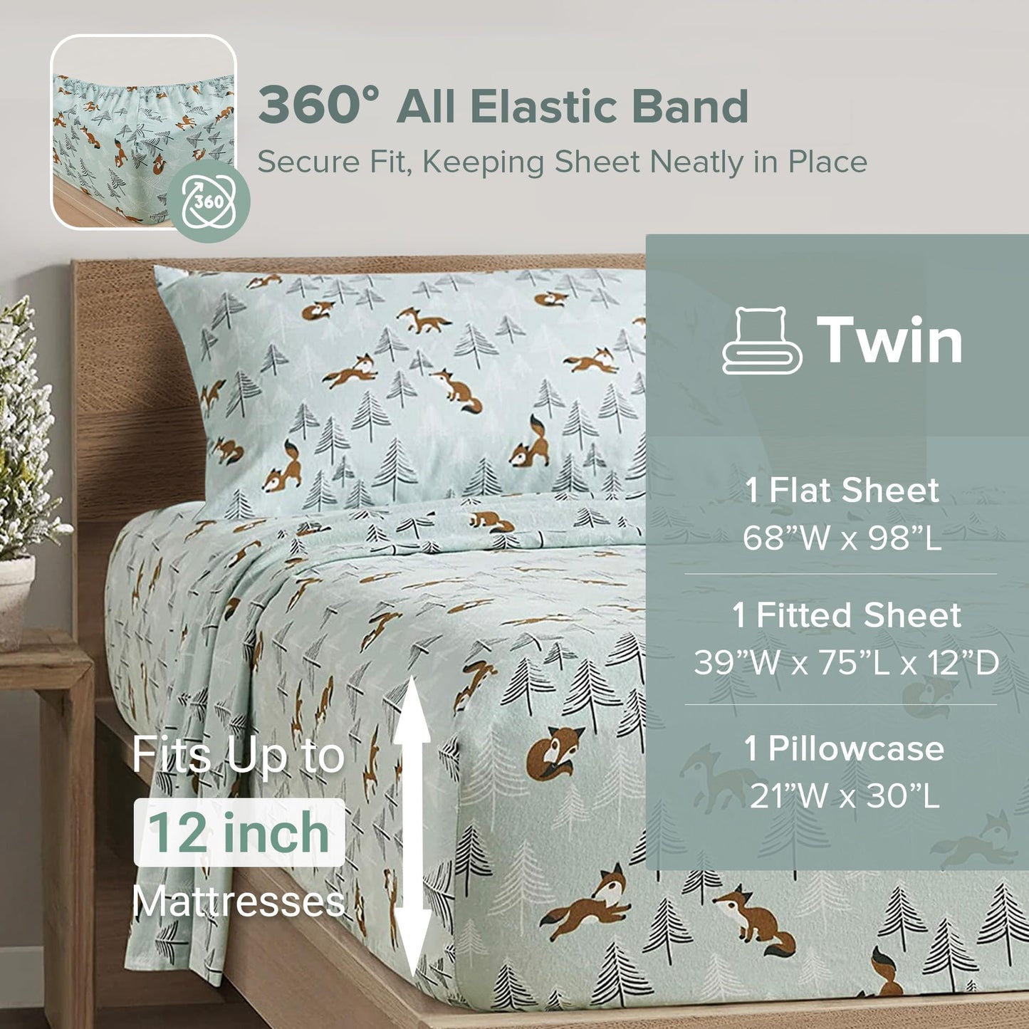 Comfort Spaces Cotton Flannel Breathable Warm Deep Pocket Sheets with Pillow Case Bedding, Twin, Seafoam Foxes 3 Piece