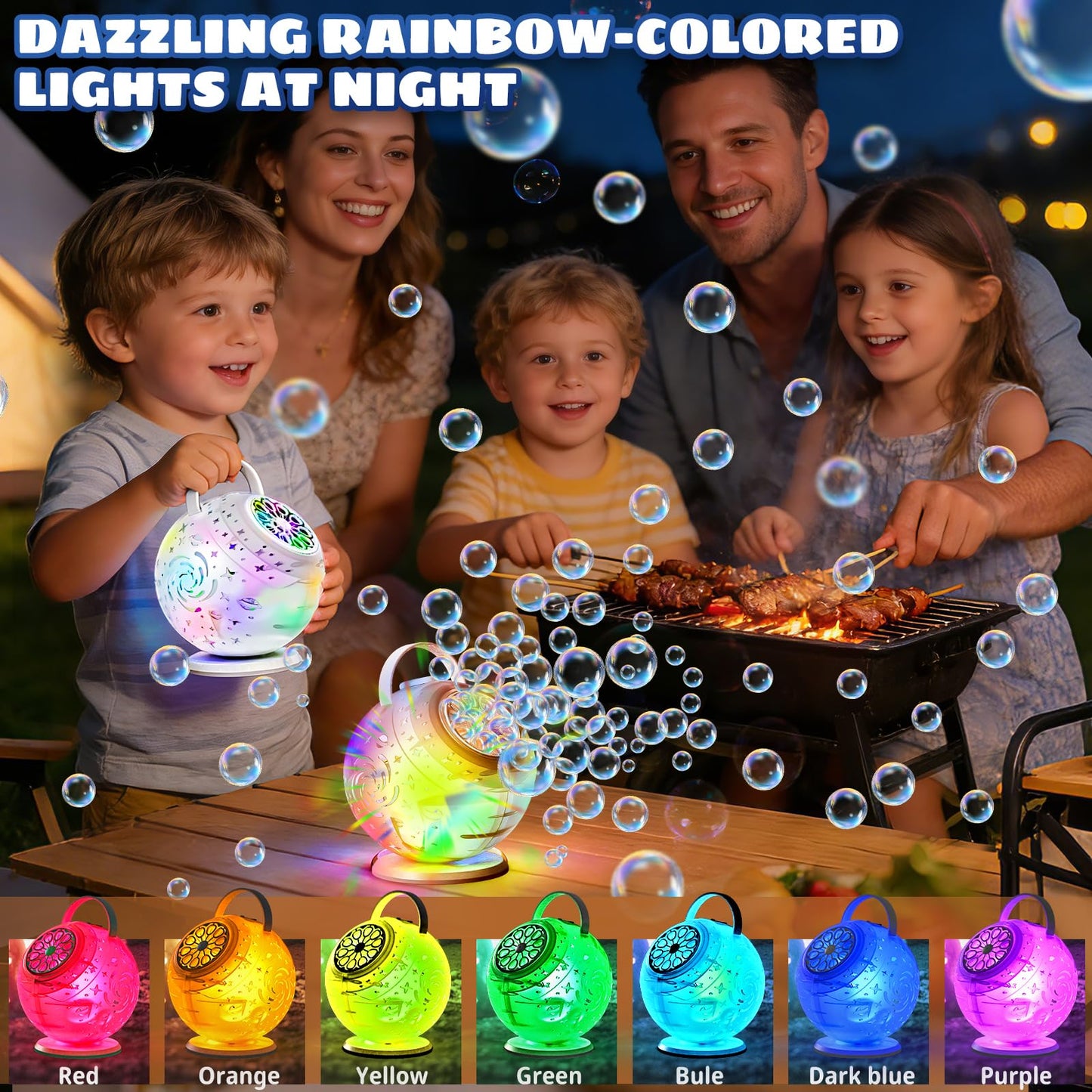 Rechargeable Bubble Machine - Auto 90°/360° Rotation, Remote Control and 7 Colors RGB LED Light, Bubbles Maker Toys for Kids, Bubbles for Wedding Parties, Boys Girls Easter Birthday and Xmas Gift