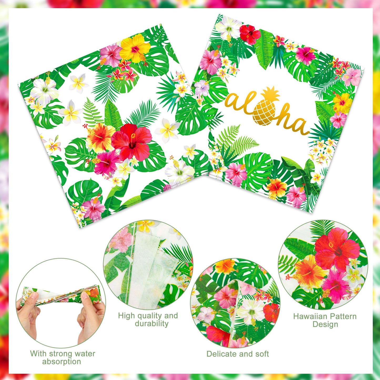 100 Pcs Hawaiian Paper Napkins Plates Tropical Luau Party Supplies 9 Inch Disposable Plates and Party Napkins Tropical Palm Leaf and Hibiscus Aloha Summer Party Tableware Set, Serve for 25 Guests