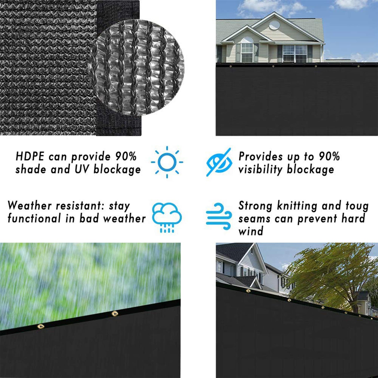 UPGRADE Privacy Screen Fence 4' x 50' Commercial 170GSM 90% Visibility Blockage Fence Panel with Brass Grommets Heavy Duty Perfect for Outdoor Backyard-Black