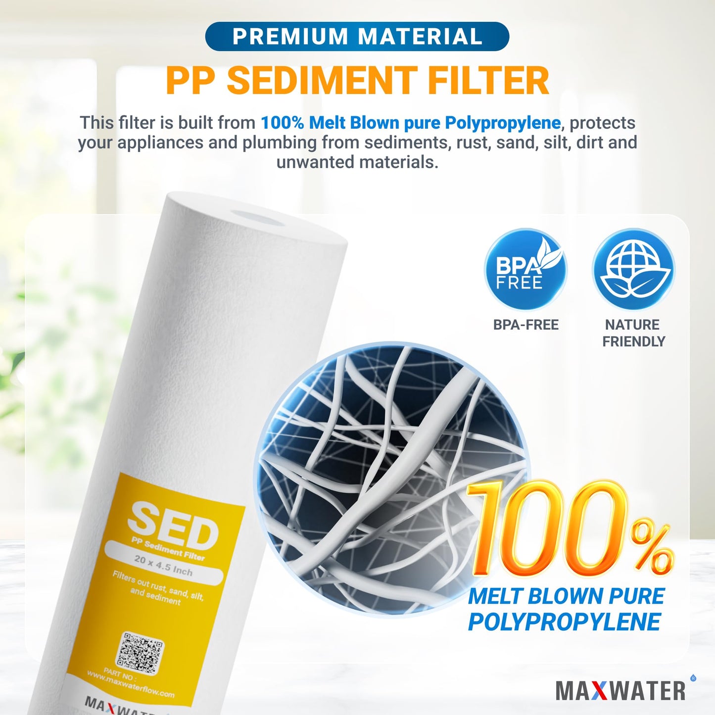 Max Water 20 x 4.5 Whole House Sediment Filter Cartridge 5 Micron Well Water Replacement Cartridge Compatible with DGD-5005-20, FP25B, AP810-2, 2-Pack