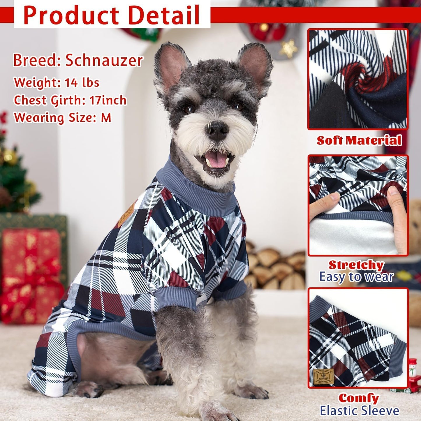 XPUDAC 4 Pack Dog Pajamas for Small Dogs Cats Plaid Dog Clothes Puppy Onesies Dog Christmas Pajamas Puppy Jumpsuits Pet Pjs Shirt Apparel (2X-Large, Red Green Khaki Grey