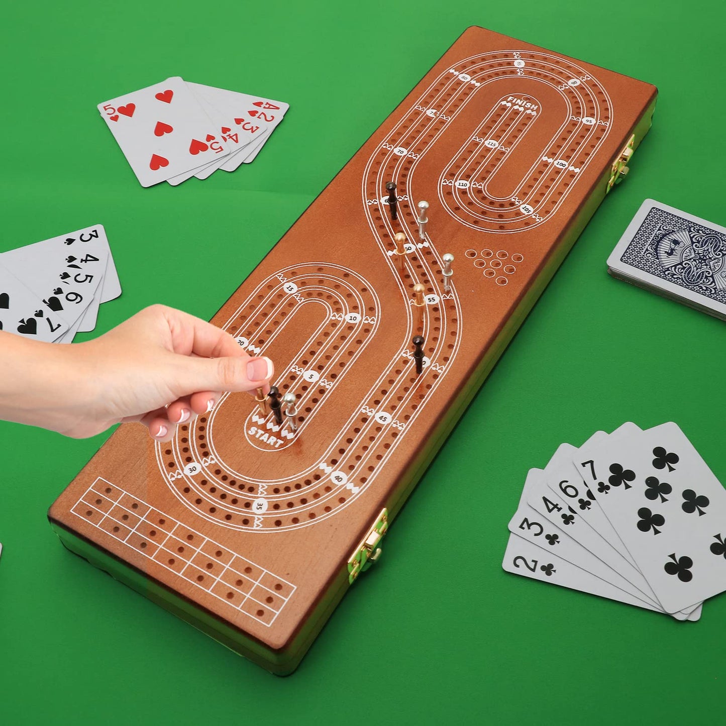 Cribbage Board 3 Tracks, Plusvivo Premium Solid Oak Crib Board with 9 Cribbage Pegs Metal & 2 Storage Area, 15.5" X 4.9" X 1.2" for Travel Foldable Cribbage Board Game…