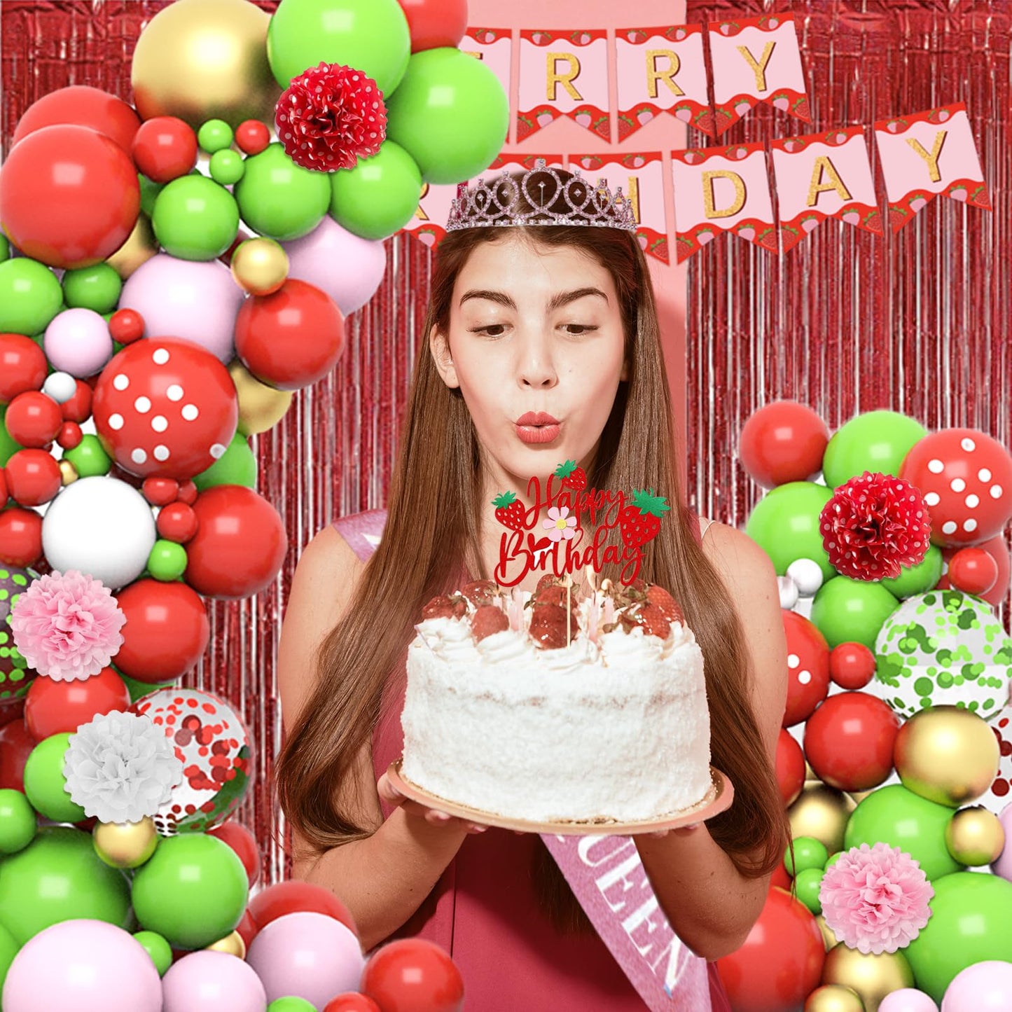 239 Pcs Strawberry Shortcake Birthday Decorations, Berry Party Supplies Inclue Serves 25 Plates and Napkins Tablecloth, Birthday Banner, Balloons, Cake Topper, Tiara, Sash for Girls