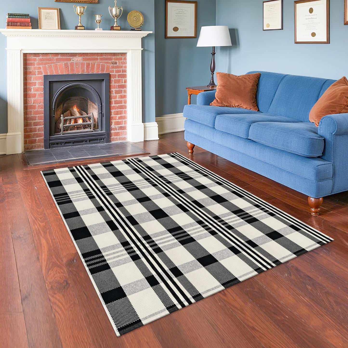 Fixseed Buffalo Plaid Checkered Rug 4'x6' Front Door Mat Outdoor,Black and Beige Cotton Washable Front Porch Rug Layered Doormats for Living Room Dining Room Bedroom Farmhouse