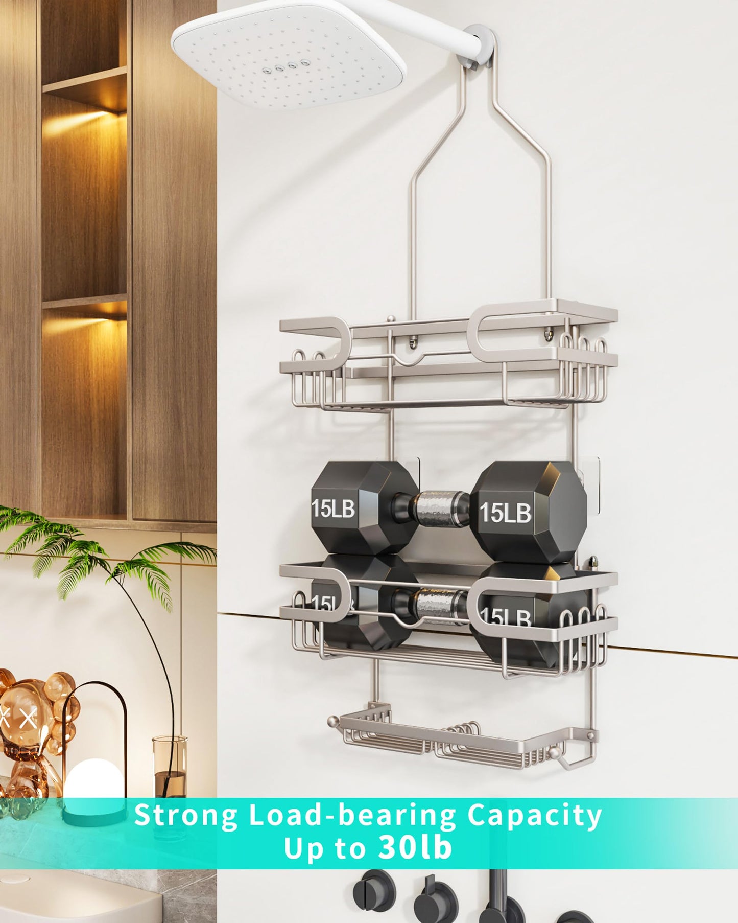 HapiRm Shower Caddy Hanging - 3 Tier Over Head Shower Caddy No Drilling, Bathroom Organizers with 2 Soap Holder & 12 Hooks, Bathroom Shelf Organizer for Shampoo, Soap, 12.6 x 4.7 x 28in