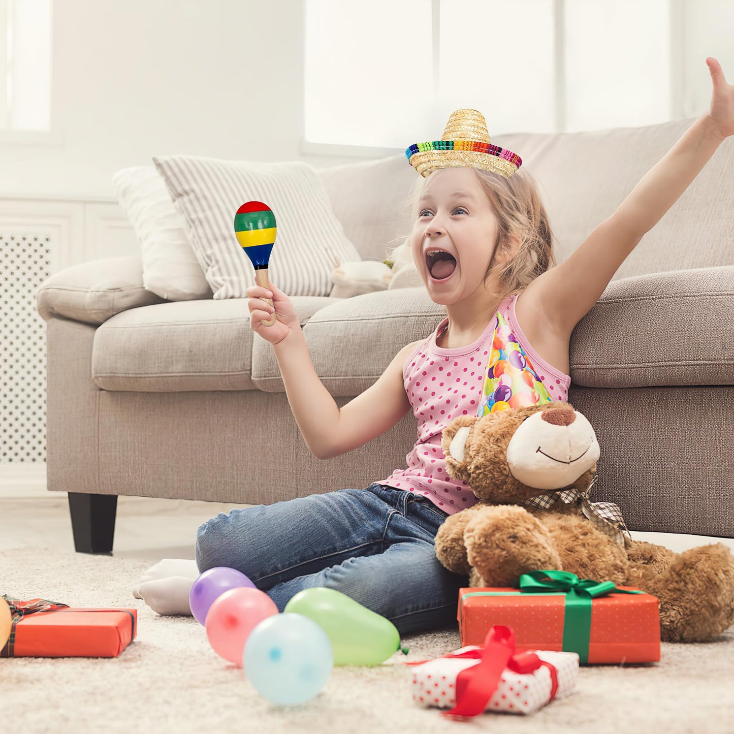 24Pcs Wooden Maracas Includes Mini Sombrero Top Hat Bulk Mexican Fiesta Party Decorations for Kids Halloween Carnivals