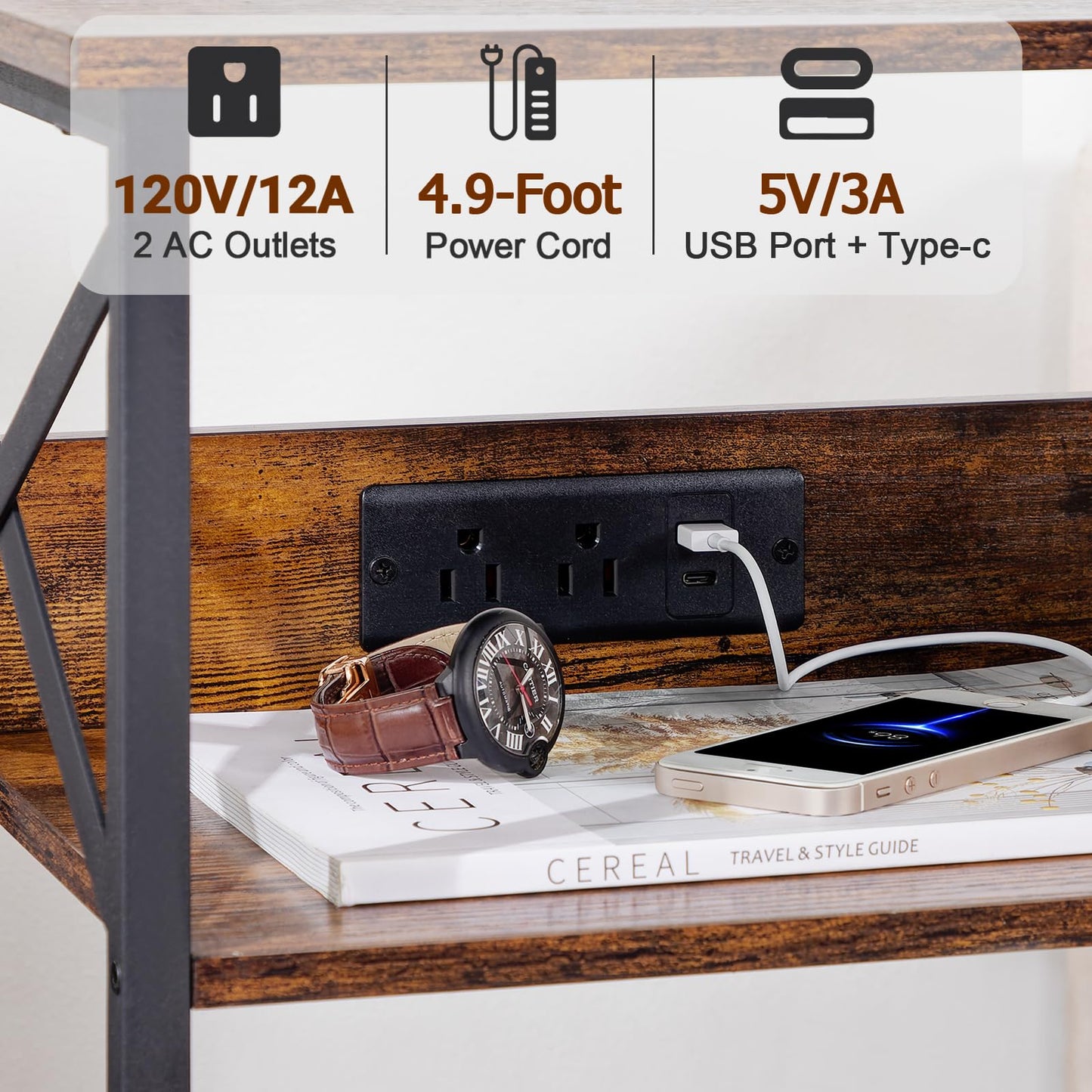 AMHANCIBLE Record Player Stand with Charging Station, Turntable Stand with Storage Cabinet, 3 Tier End Table Hold Up to 100 Albums, Record Stand for Vinyl, Living Room, Rustic Brown, HETCD01BR-1