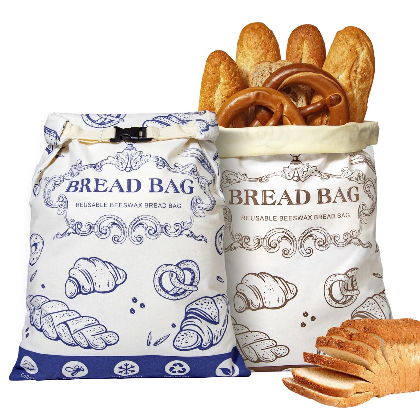 2 Pcs Beeswax Bread Bags,With Buckle Reusable Bread Bag,Large Capacity for Homemade Bread,Sourdough Bread Bags,Cotton Beeswax Bag for Fresh Bread Storage