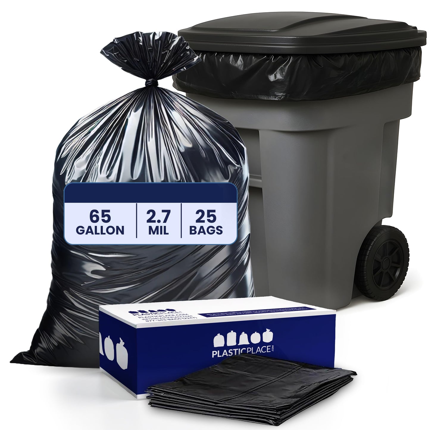 Plasticplace 65 Gallon Trash Bags │ 2.7 Mil │ Black Heavy Duty Garbage Can Liners │ 50” x 48” (25 Count)