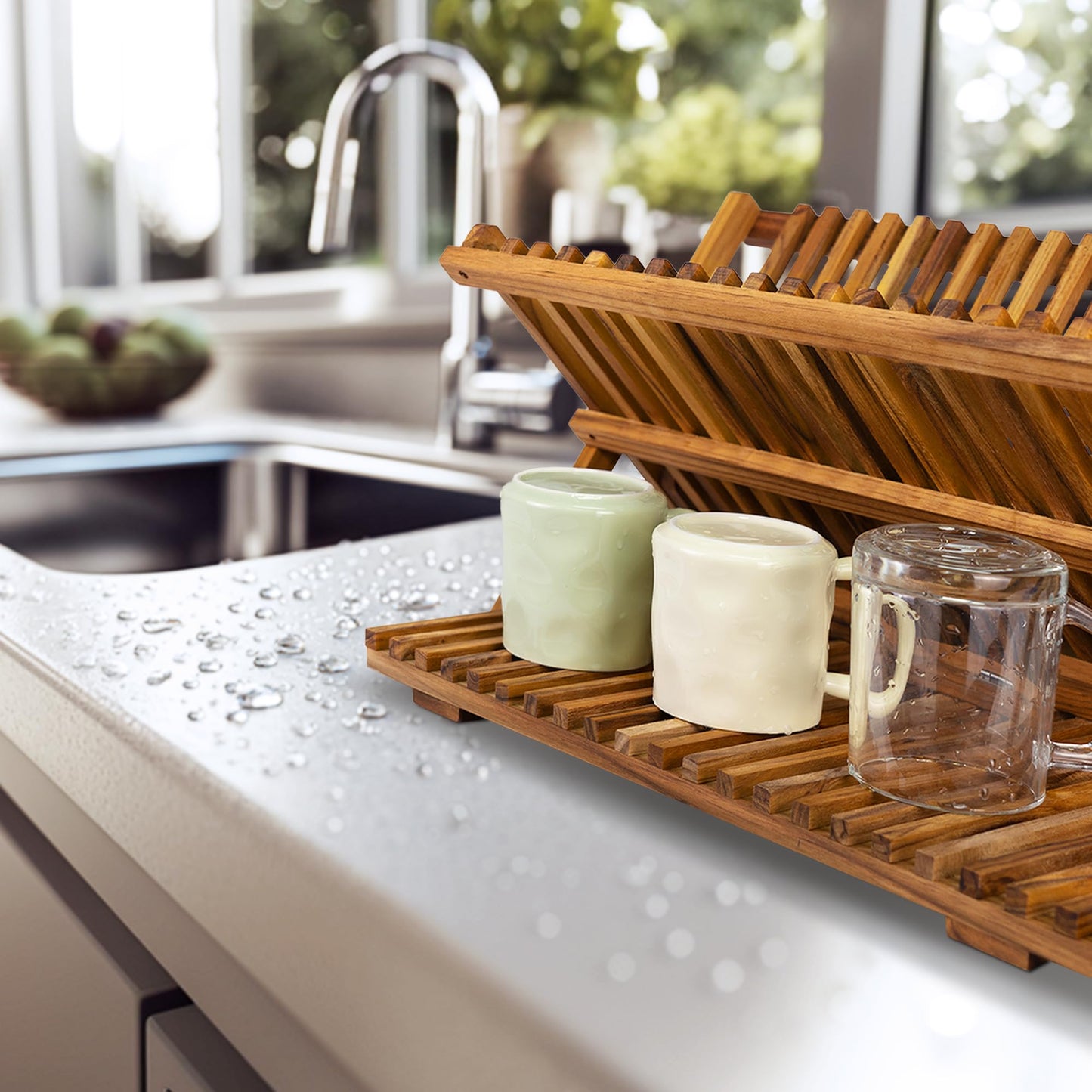 Utoplike Teak Wood Dish Rack, 3 Tier Dish Drying Rack Collapsible, Folding Dish Drainer Rack Wood, Space-Saving Countertop for Dishes, Plates, Cups