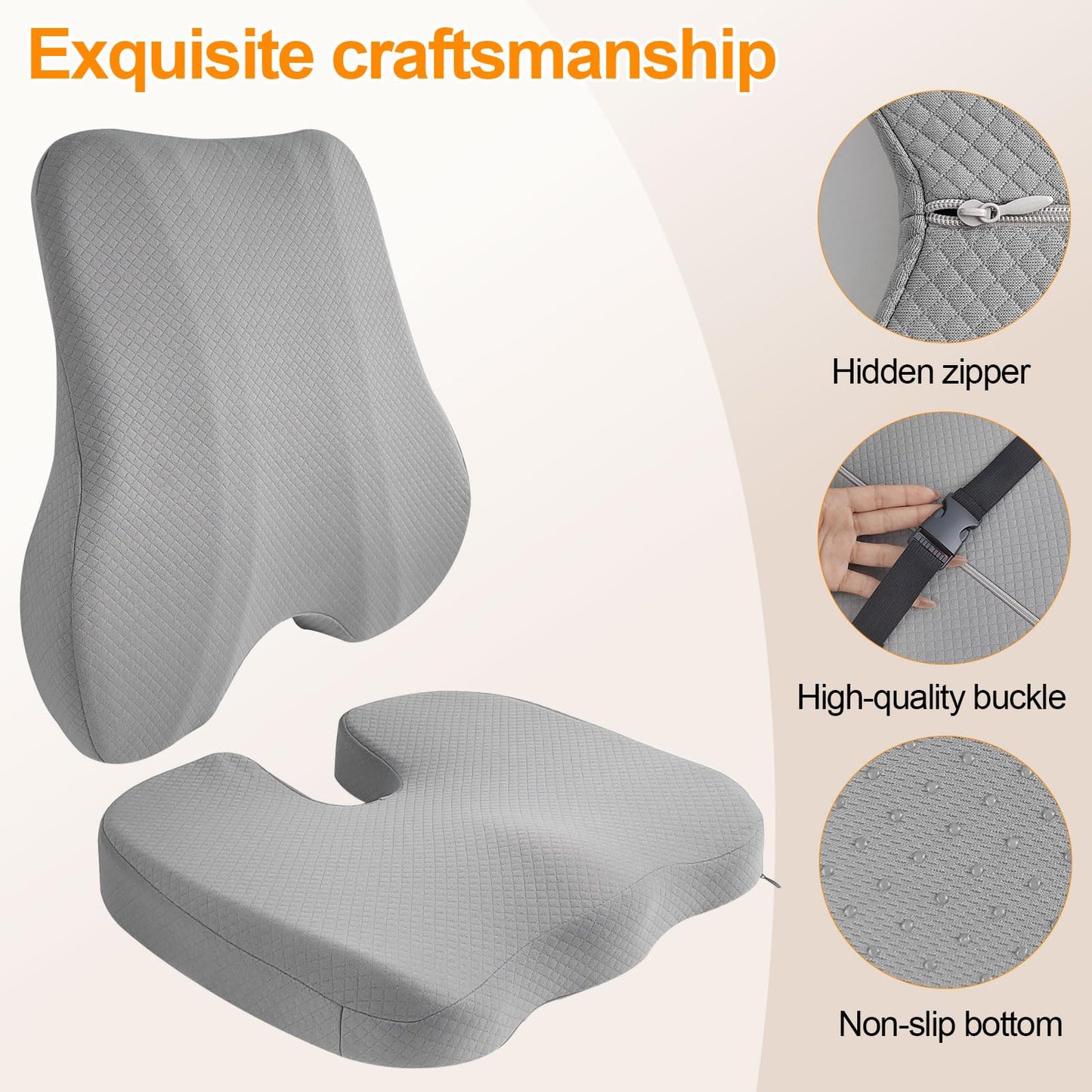 Lumbar Support Pillow Set, Height-Adjustable Upgrade Edition Features an Adjustable Buckle Design with an External Extension Strap for Easy Attachment to Car Seats and Large Chairs（Gray）