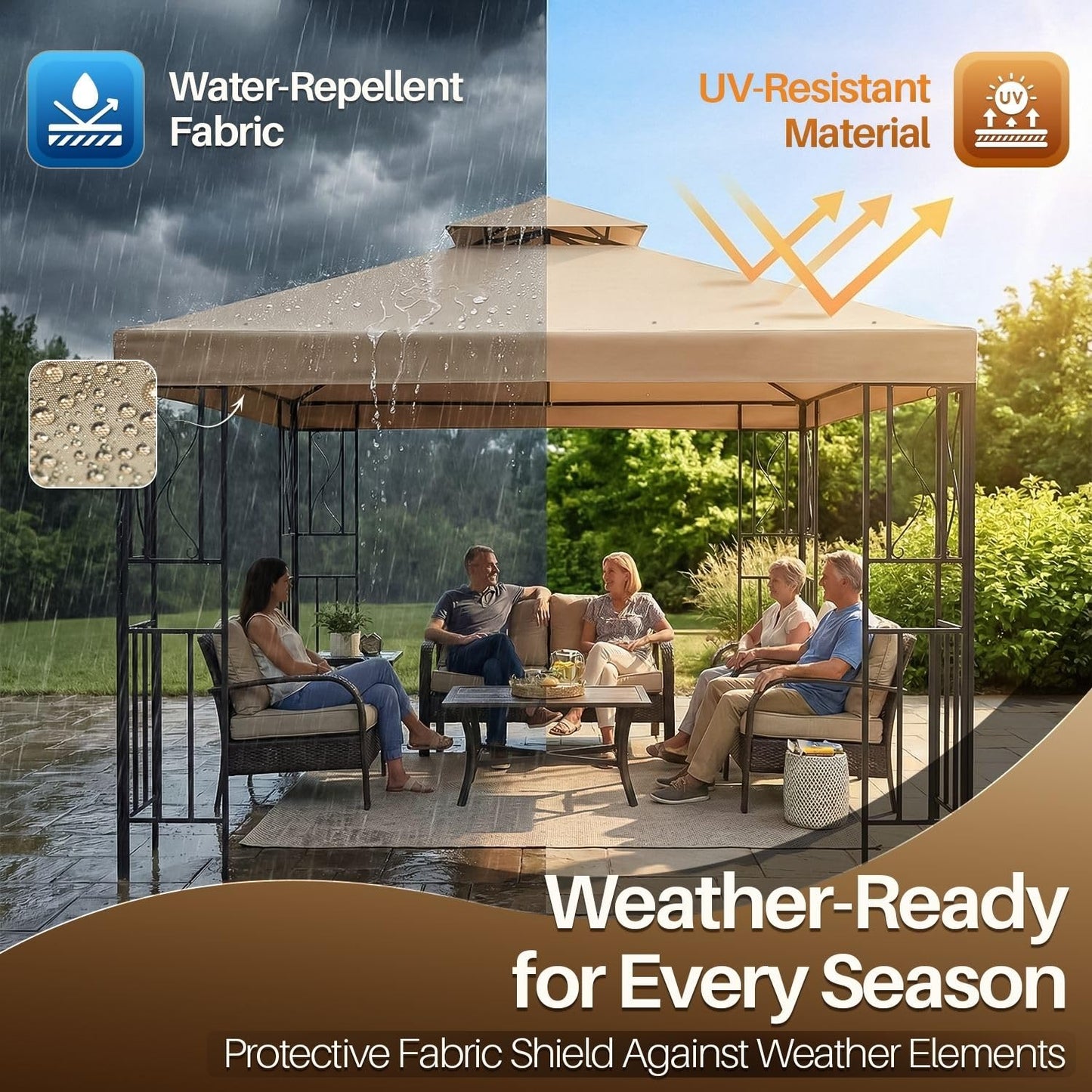 Flexzion Gazebo Cover Replacement Canopy Top 12x12 Ft (3.6m x 3.6m) - Double Tier Top Canopy Cover Replacement with UV30+, Dirt, Water Resistant for Outdoor, Sunshade, Garden, Patio, Pavilion (Beige)