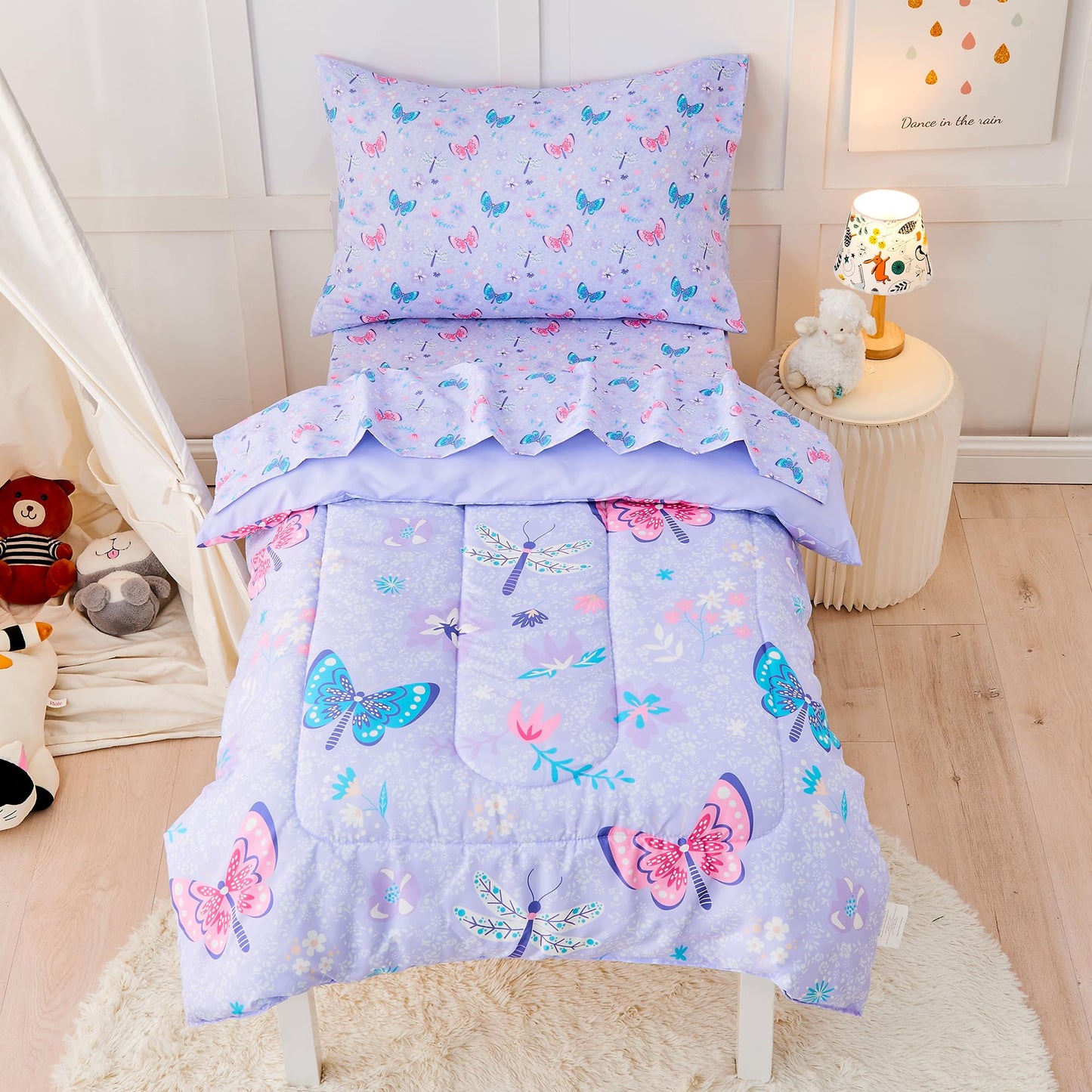 Lasoftan Butterfly Toddler Bedding Set for Girls, 4 Piece Bed-in-a-Bag Toddler Comforter Sets, Super Soft and Comfortable Microfiber Todeeler Bed Set