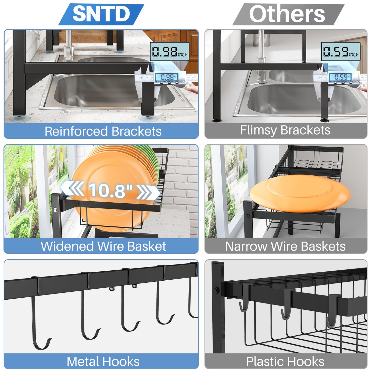 Over The Sink Dish Drying Rack, Adjustable (26.8" to 34.6") Large Dish Drying Rack for Kitchen Counter with Multiple Baskets Utensil Sponge Holder Sink Caddy, 2 Tier Black