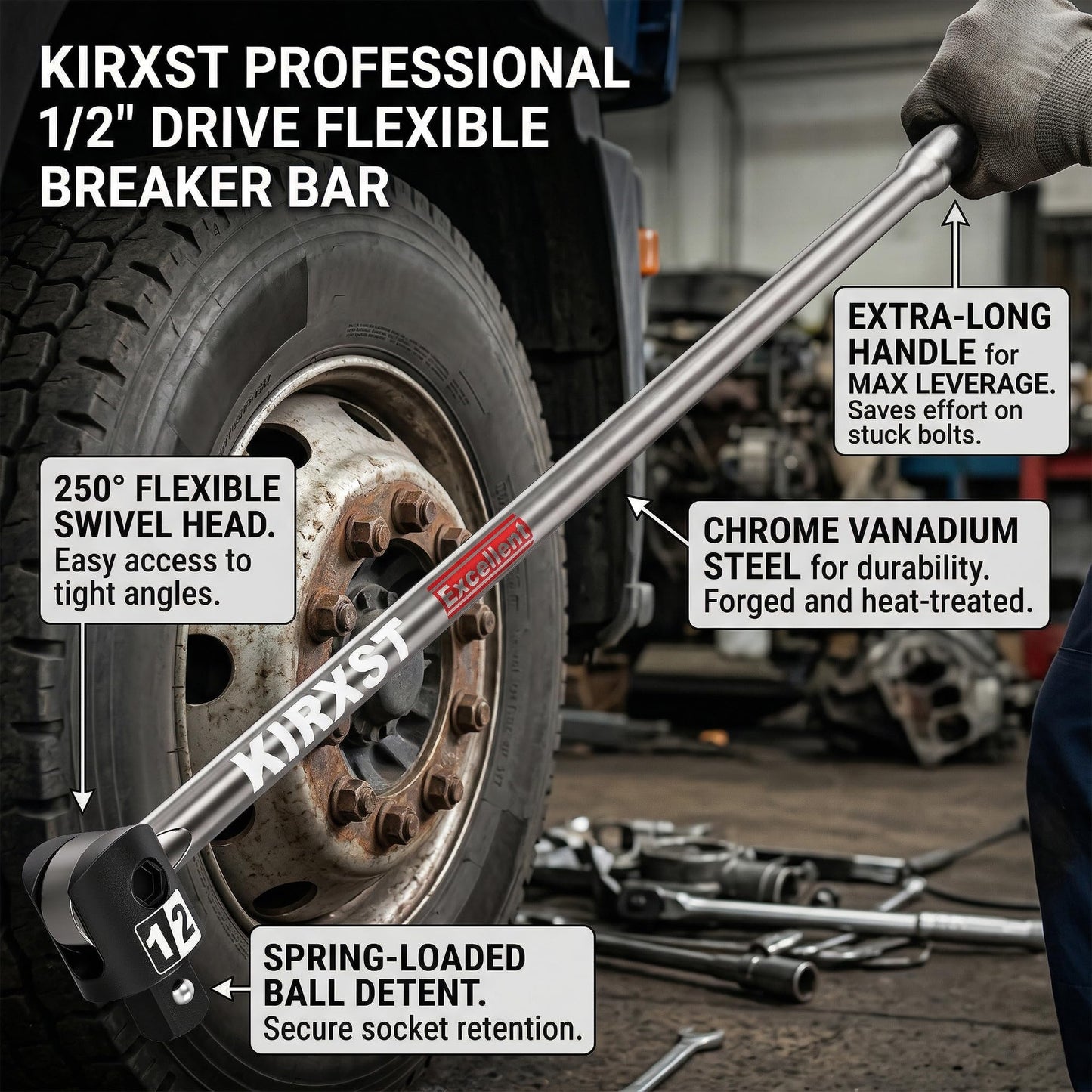 25-Inch 1/2” Drive Breaker Bar, 250° Rotatable Head, Heavy Duty Extension Breaker Bar, Ball Lock Function, Laser Marking, Mechanical Work, Automobile and Motorcycle Maintenance and Repair