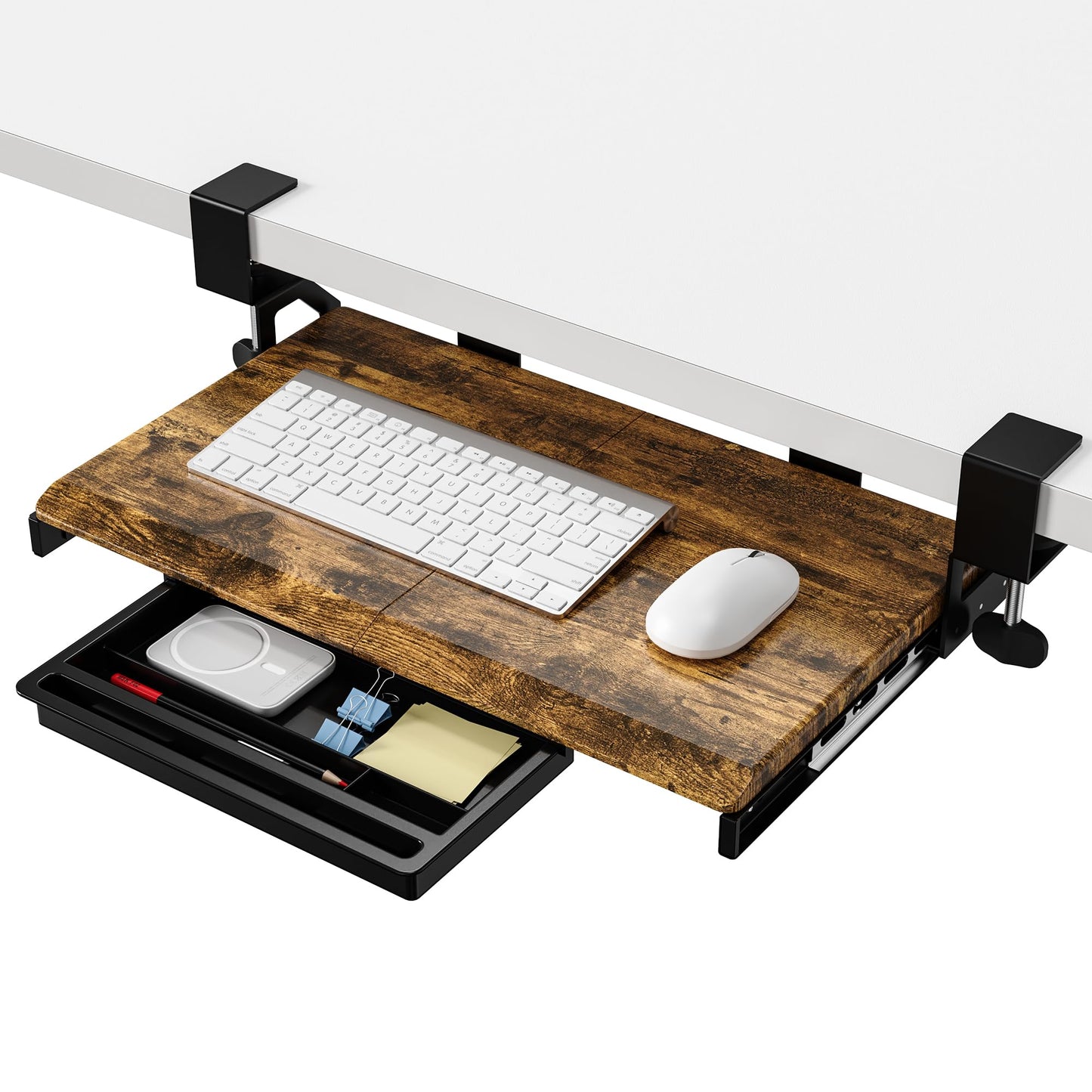 ETHU Under Desk Keyboard Tray - Small Slide Out Keyboard Shelf with C Clamp Mount, 19.7" x 11.8" Ergonomic Pull Out Tray for Home Office Desk, Walnut