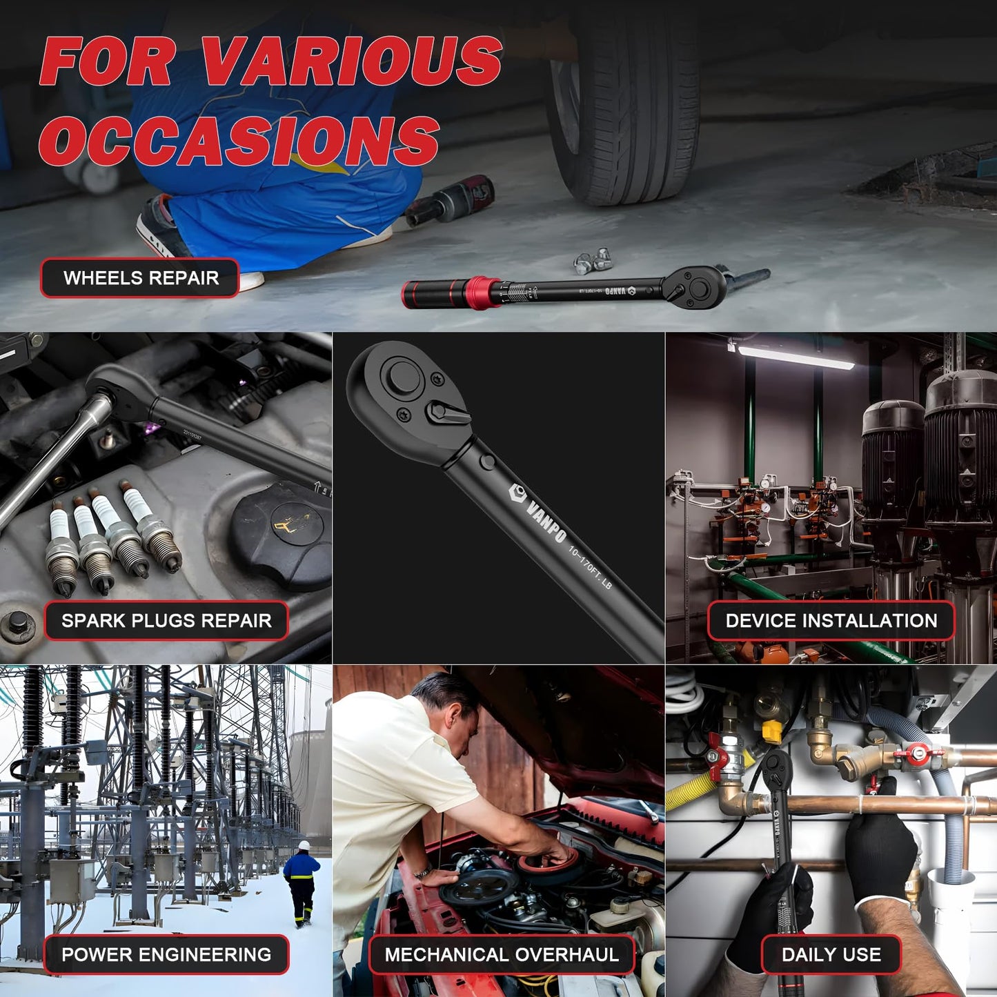 VANPO 1/2-inch Drive Click Torque Wrench,10-170 Ft-Lb/13.6-230.5 Nm,Adjustable Torque Wrench Set with 1/2" to 3/8" Adapter,125mm Extension Bar,72 Tooth, Dual-Direction Torque Wrench for Motorcycle,Car