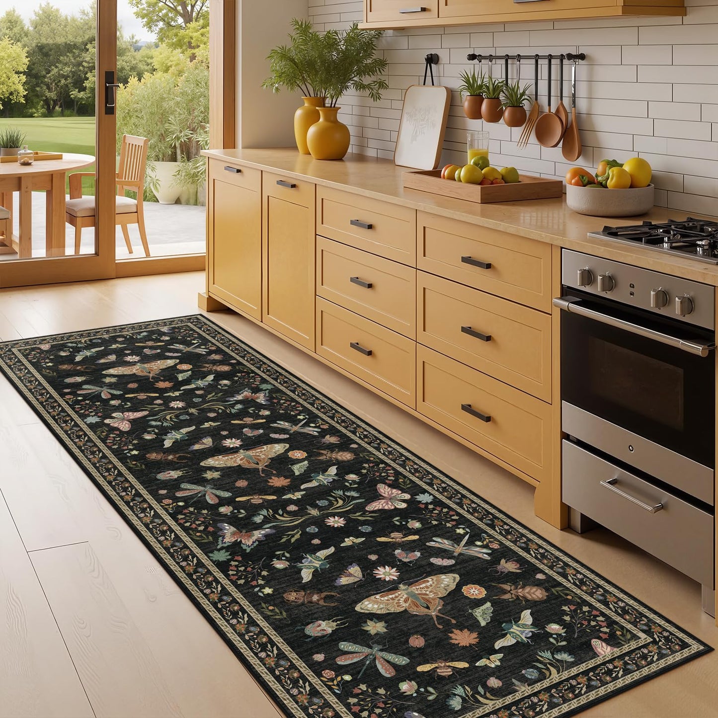 Dadasgk Black Boho Washable 2x6 Runner Rugs for Hallway Kitchen Bedroom Beside Laundry Room Bathroom Rug, Non Slip Low Pile Stain Resistant Soft Floral Nature Insect Fantasy Whimsical Indoor Decor