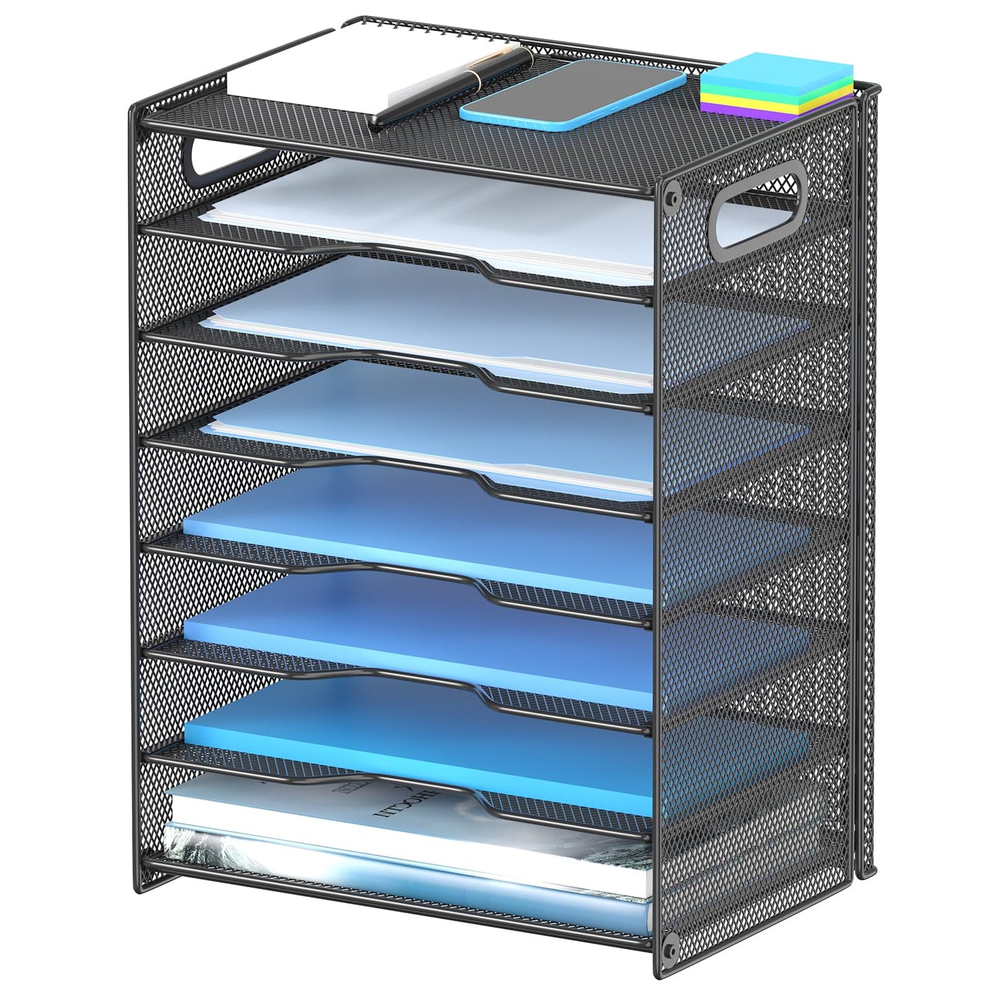 8-Tier Paper Organizer Letter Tray with Handle,OutWolf Mesh Desk File Document Organizer with 8 Tier Shelves and Sorter, Black