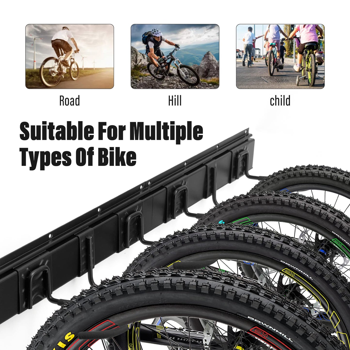 Sinoer 4-Bike & 2-Helmet Wall Mount Rack - 32 Inch Adjustable Bike Storage, Heavy Duty Steel Hooks, Space-Saving Bike Organizer for Home & Garage