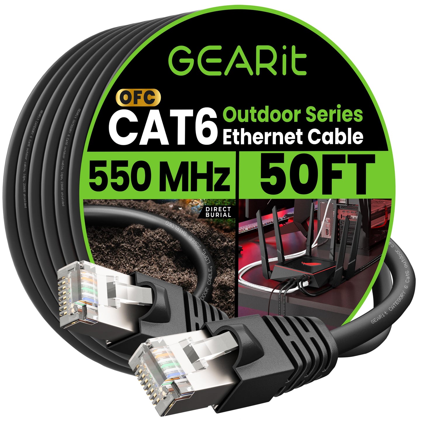 GearIT Cat6 Outdoor Ethernet Cable (50ft) 23AWG Pure Copper, FTP, LLDPE, Waterproof, Direct Burial, In-Ground, UV Resistant, POE, Network, LAN, Internet, Cat 6, Cat6 Cable - 50 Feet