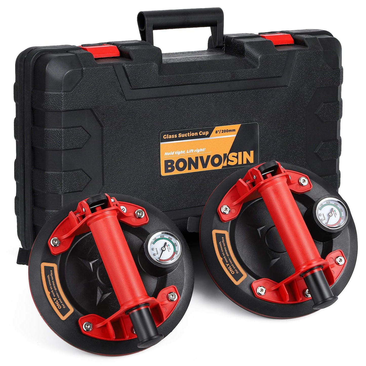 Bonvoisin 8" Glass Suction Cups to Lift Large Glass, 2 Pack Heavy Duty Suction Cup, Vacuum Suction Cups with Pressure Gauge for Tile, Window, Windshield Replacement Load Capacity 330LBS