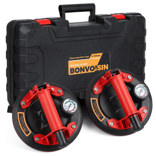 Bonvoisin 8" Glass Suction Cups to Lift Large Glass, 2 Pack Heavy Duty Suction Cup, Vacuum Suction Cups with Pressure Gauge for Tile, Window, Windshield Replacement Load Capacity 330LBS