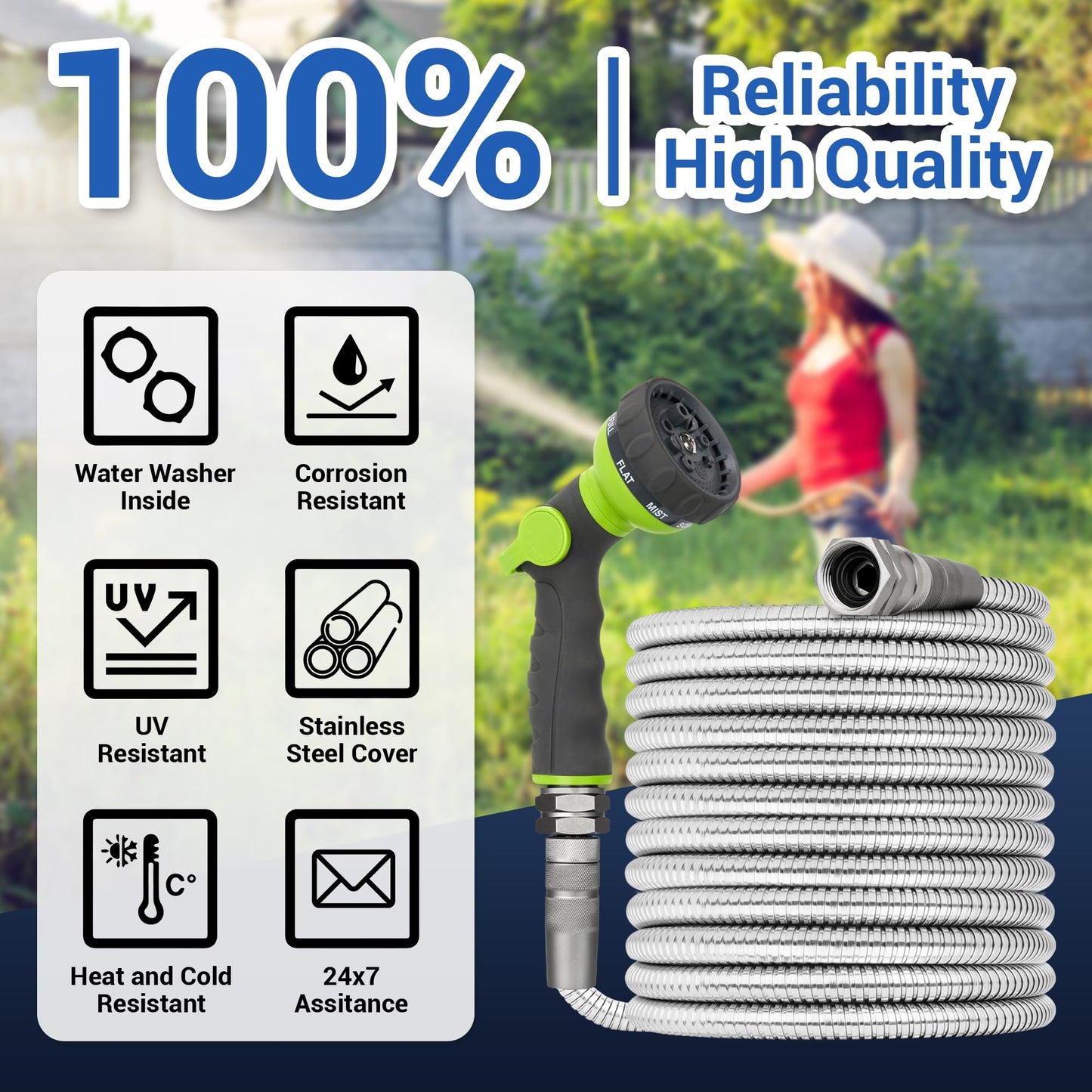 50 FT Stainless Steel Garden Hose – 304 Steel Heavy Duty Metal Hose, No-Kink, Puncture Resistant, Lightweight, Leak-Proof Swivel Fittings, 8-Pattern Nozzle for Garden, Yard, Outdoor Cleaning