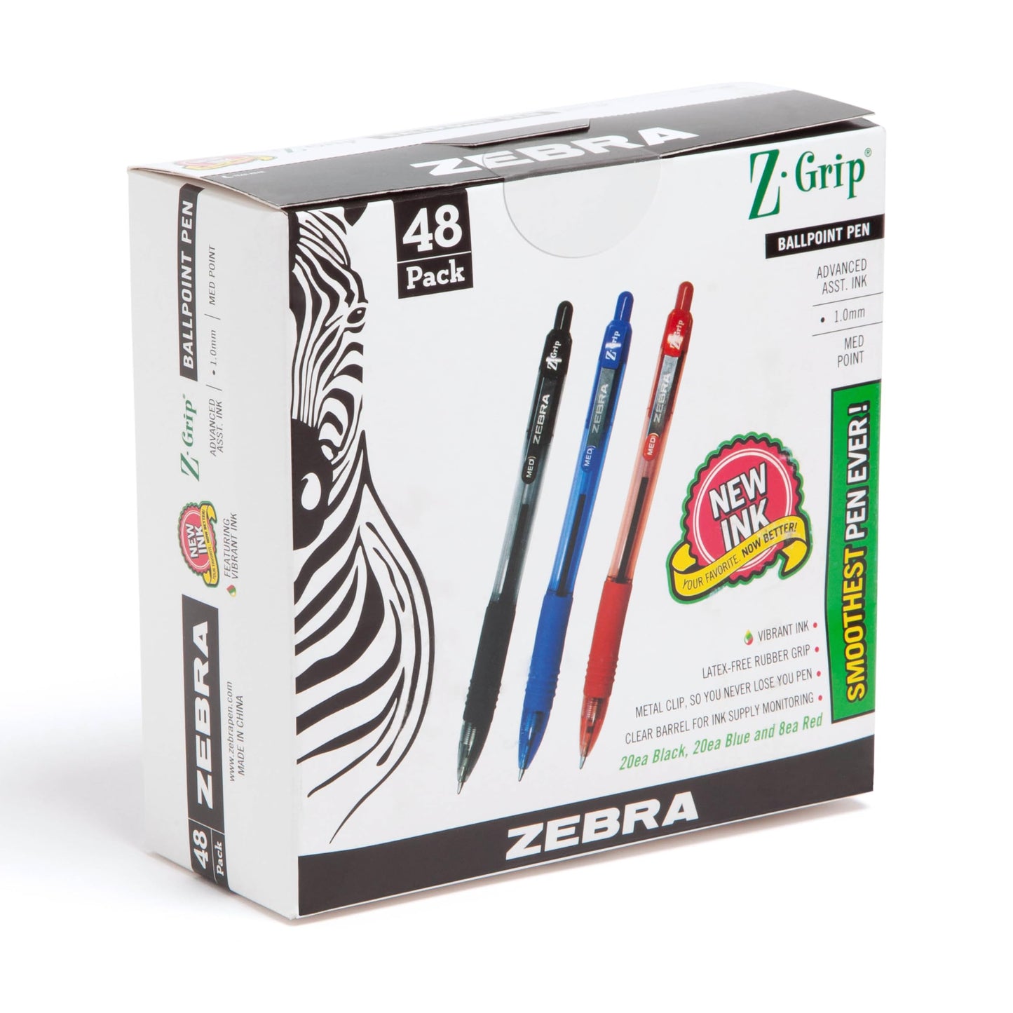Zebra Pen Z-Grip Retractable Ballpoint Pen, Smooth-Flowing Black/Blue/Red Ink, 1.0mm Medium Point, School & Office Supplies, Ideal for Note-Taking, Journal and Planner Use, 48-Pack (22048)