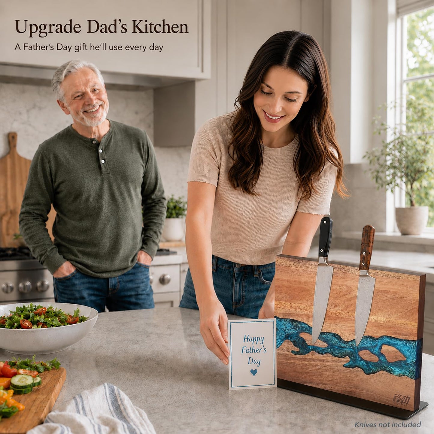 FINDKING Magnetic Knife Block, Double Sided Holder, Powerful Magnet Kitchen Storage, Acacia Wood and Blue Resin (12 x 10 Inches, Without Knives)