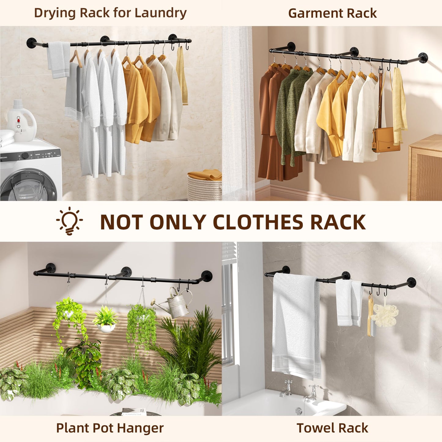 Pickpiff Vintage Clothes Rack, 55" Industrial Pipe Wall Mount Garment Rack, Space-Saving Heavy Duty Clothes Hanger for Closet Storage, 3 Bases, 1-Pack with 6 S-Hooks