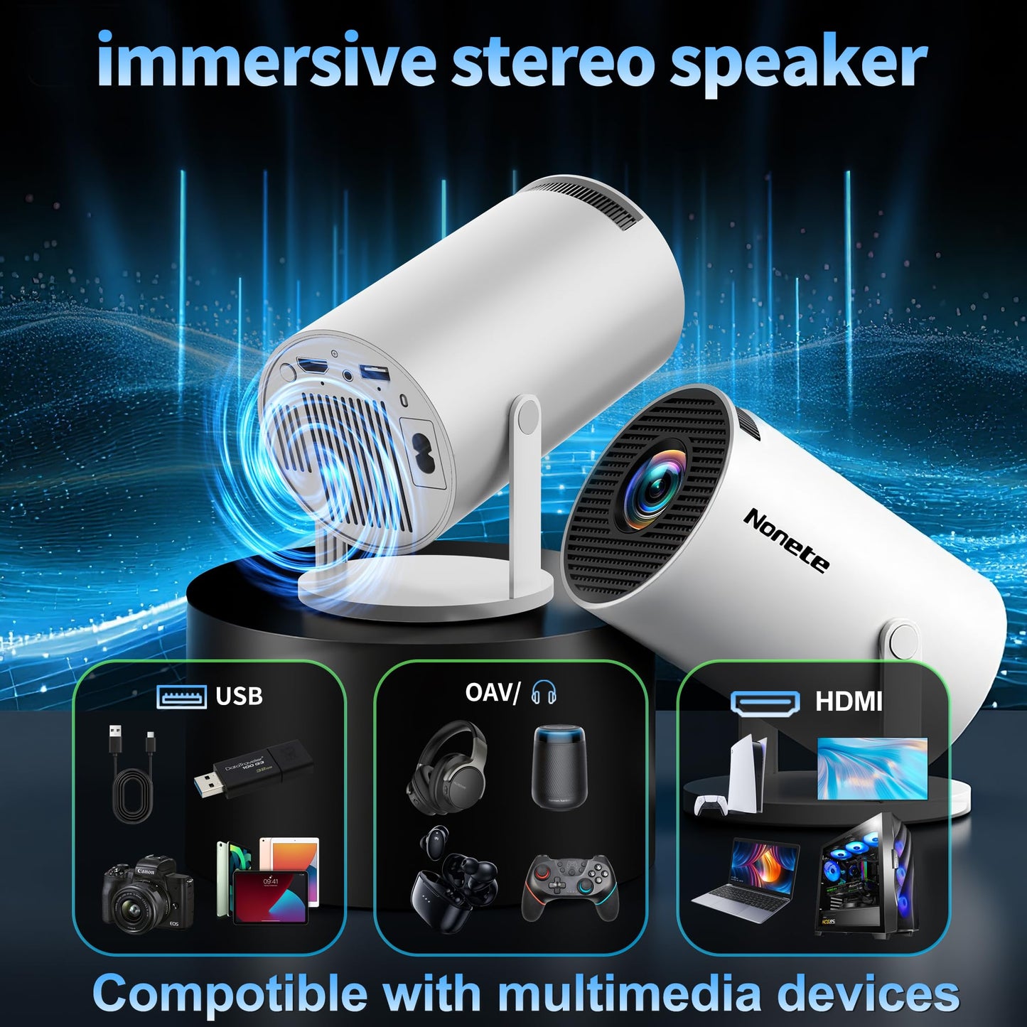 [2026 Upgraded] Mini Projector Support 4K 1080P FHD Auto Keystone 270° Rotatable with WiFi 6 and Bluetooth 5.2 Projector Portable Compatibile with HDMI/TV Stick/Memory Stick/Laptop,White