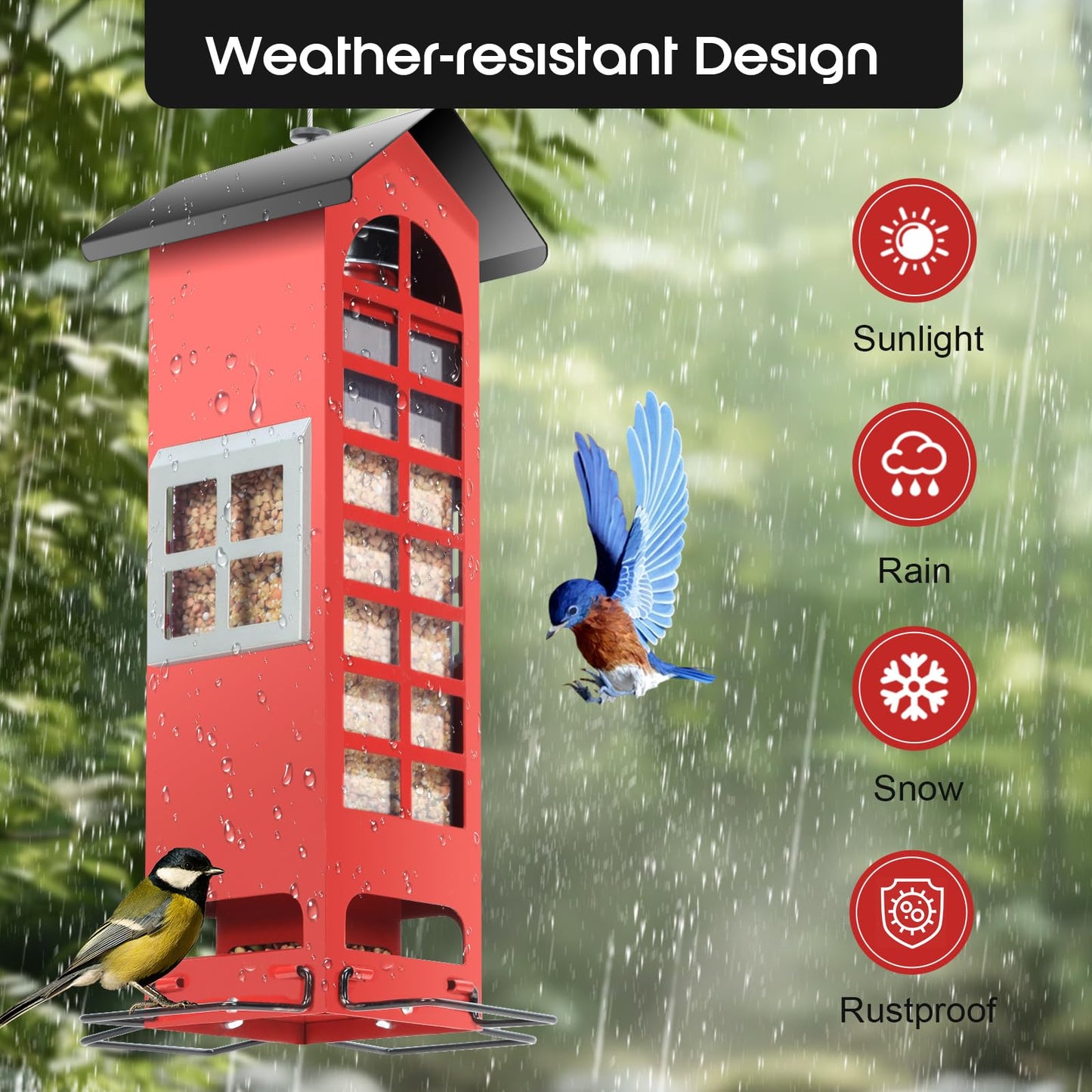 Bird Feeders Squirrel Proof for Outdoors Hanging - Weight Activated Metal Wild Bird Feeders Tube Birdhouse Seed Feeder with 4 Feeding Ports,2.5LB Capacity for Cardinal,Sparrow,Finch,Chickadee