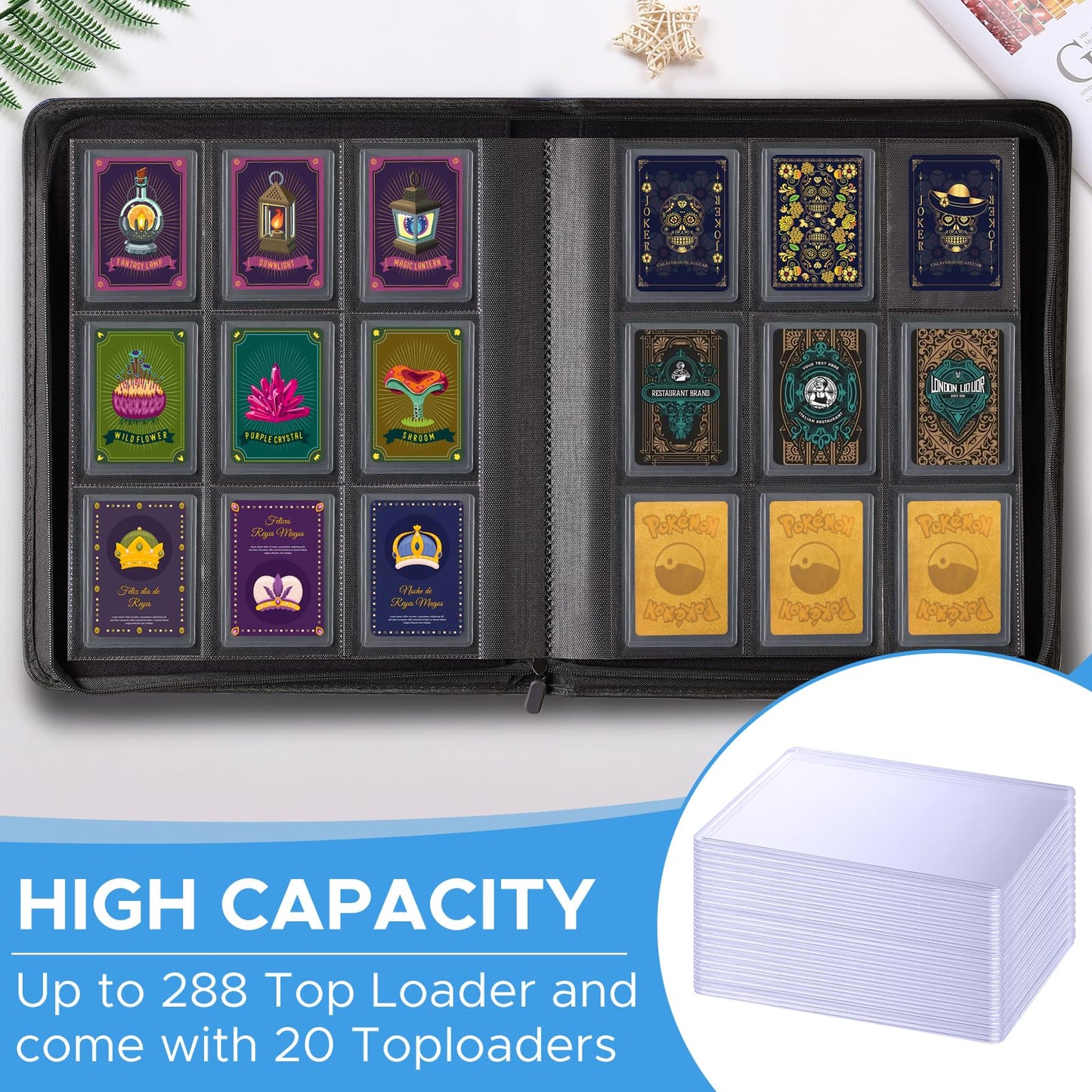 Top Loader Binder with 20 Toploader, JIQEZNL Premium 9 Pocket top loaders Binder for Cards, Holds 288 Toploaders, Top Loader Binders for Trading Cards, Fit for 3 x 4'' Toploaders -BK