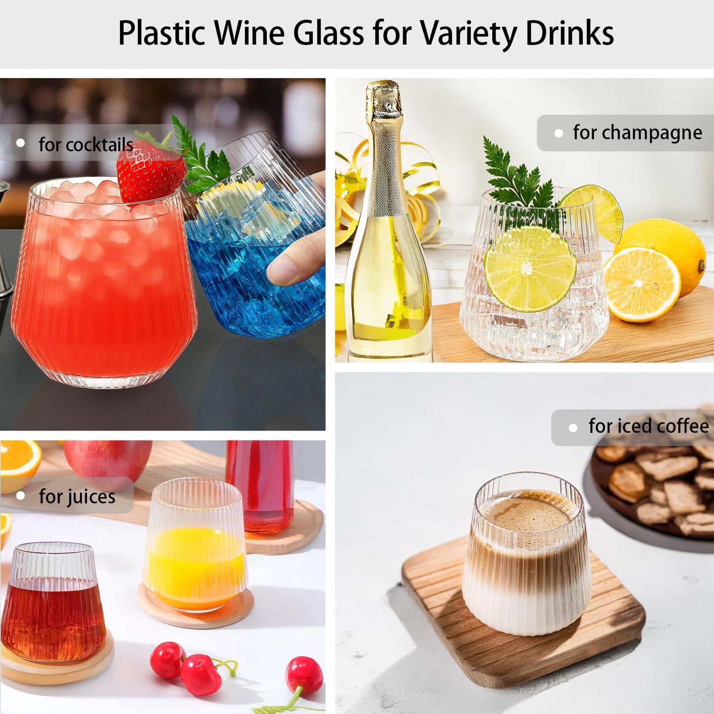 24pcs Plastic Wine Glasses - 14oz Unbreakable Stemless Ribbed Tumblers, Clear PET Disposable Cups for Wedding Party Camping, BPA-Free Reusable Cocktail Glasses (Hand Wash Only)