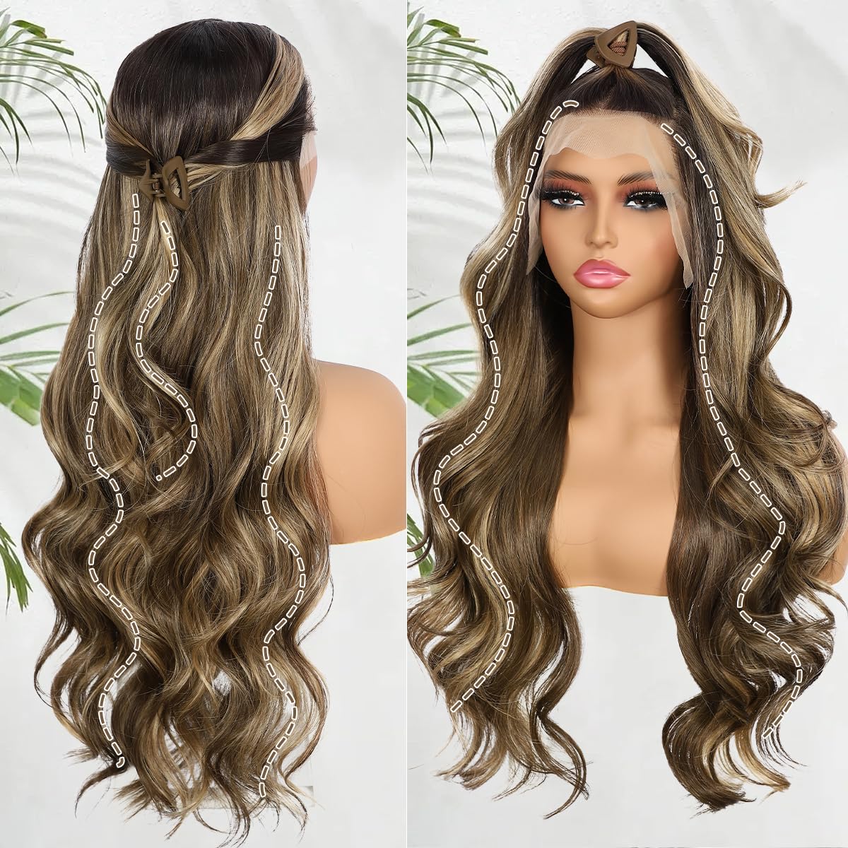 BABEHERS Highlight Brown Lace Front Wig for Women 13x4 Body Wave Synthetic Wigs Balayage Pre-plucked Long Wavy 150% Density Heat Resistant Hair Daily Use 26 Inch