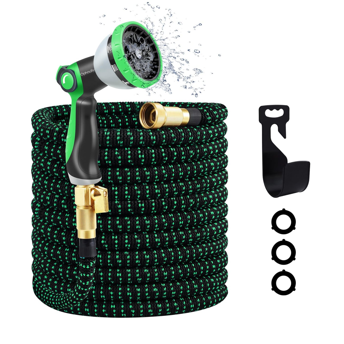 Expandable Garden Hose, Water Hose 100ft with 10 Function Nozzle, Flexible Hose with 3/4" Solid Brass Fittings, Extra Strength Fabric, Easy Storage Kink Free, Black & Green