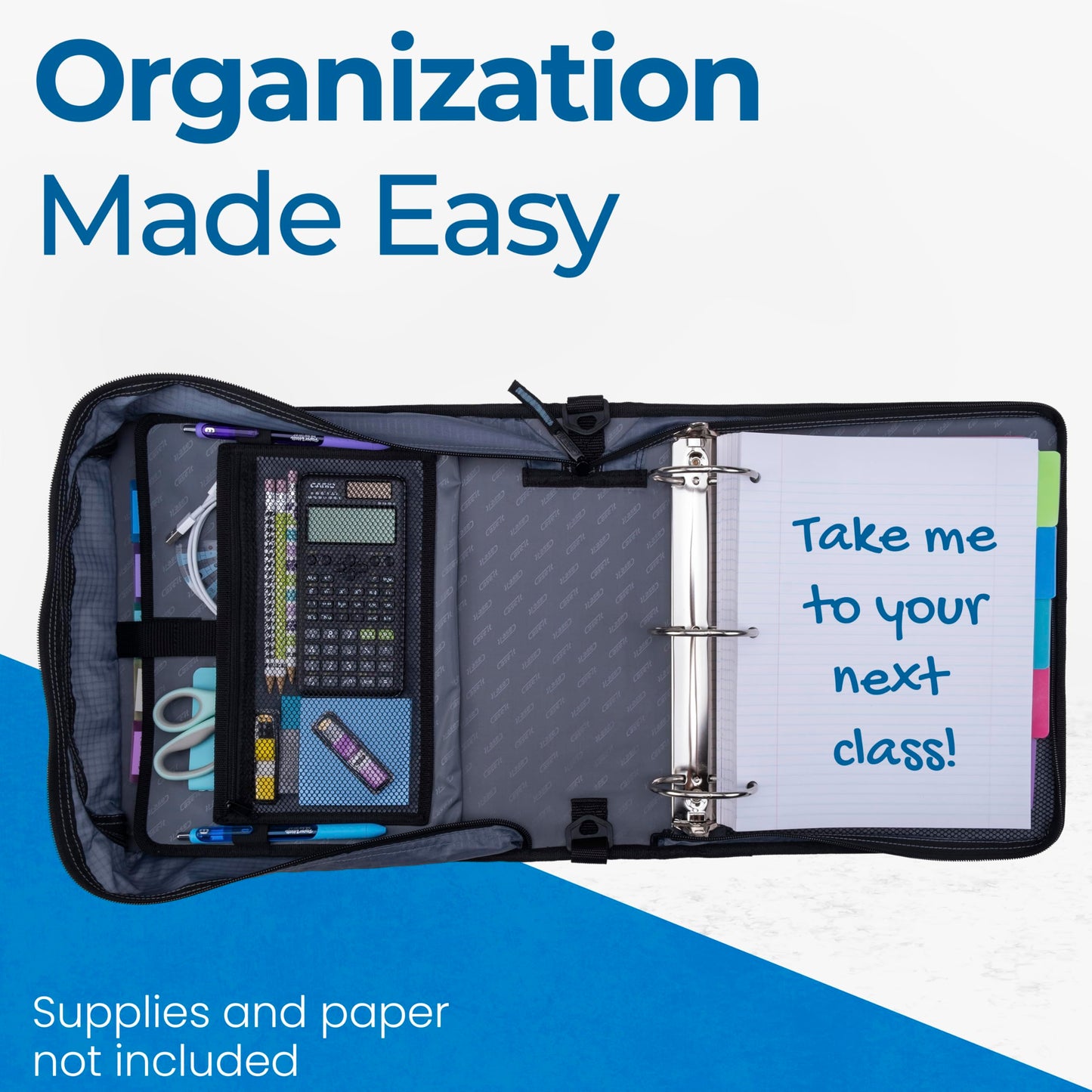 Case-it The Print Mighty Zip Tab Zipper Binder - 3 Inch O-Rings - 5 Color Tab Expanding File Folder - Multiple Pockets - 600 Sheet Capacity - Comes with Shoulder Strap - Tidal Wave D-146-P