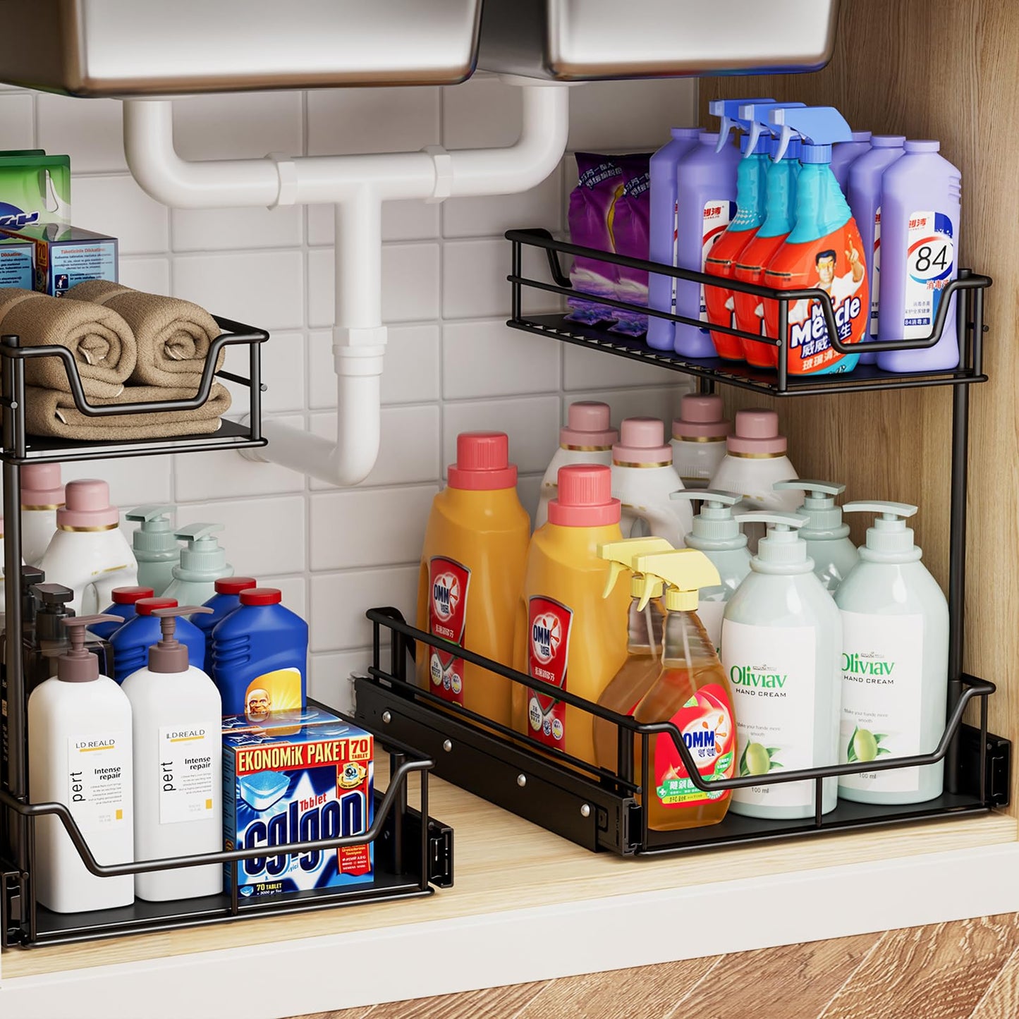 Under Sink Organizer 2 Pack, 2-Tier Heavy Duty Silent Pull-Out Under Sink Organizers and Storage, Rustproof Full Extension Under Sink Storage for Kitchen, Bathroom, Cabinet