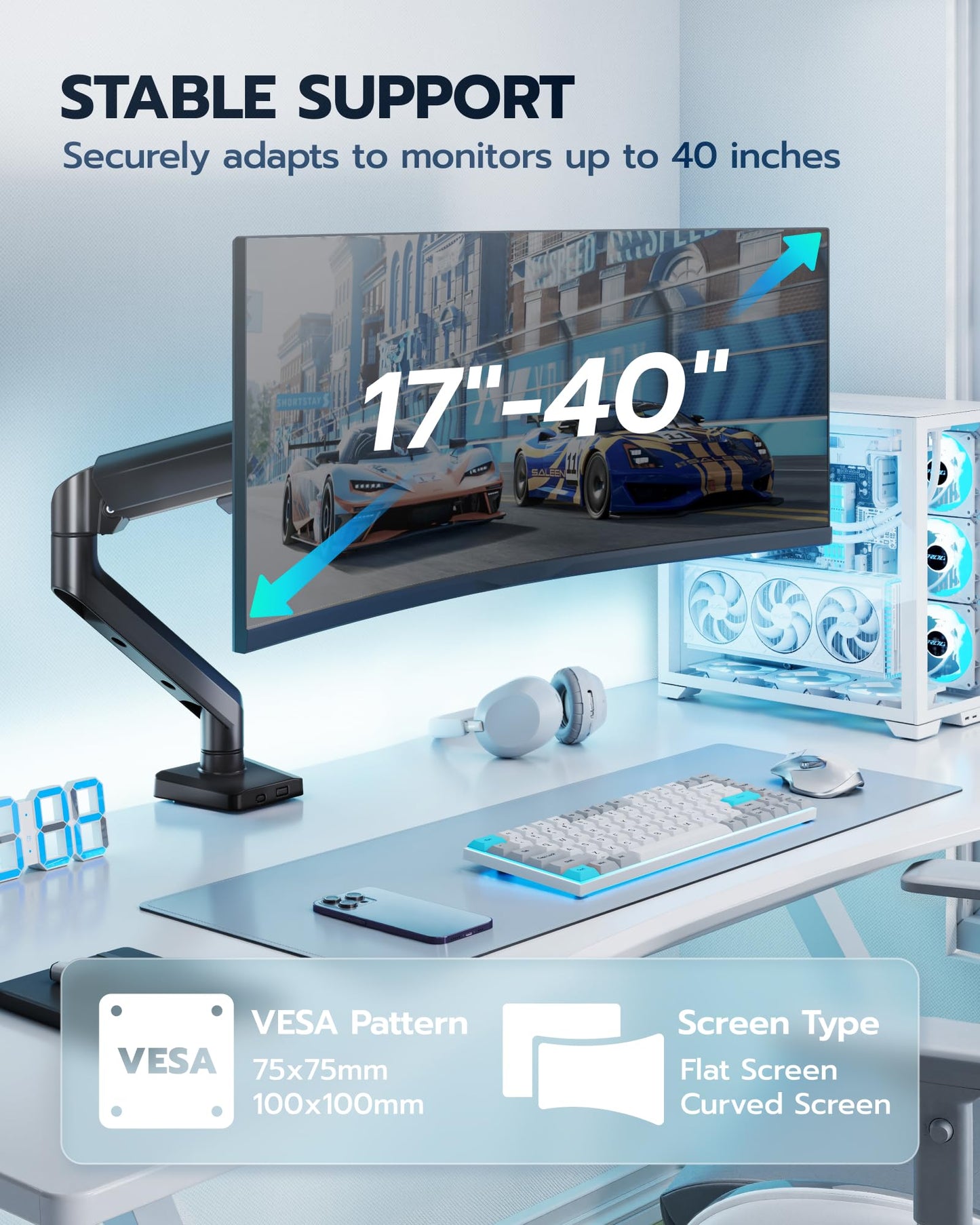 ARES WING Heavy Duty Single Monitor Arm - Fully Adjustable Monitor Mount for 17"-40" Ultrawide Screens up to 26.4 lbs with Clamp/Grommet Desk Mount, 75/100 Vesa Mount, Black