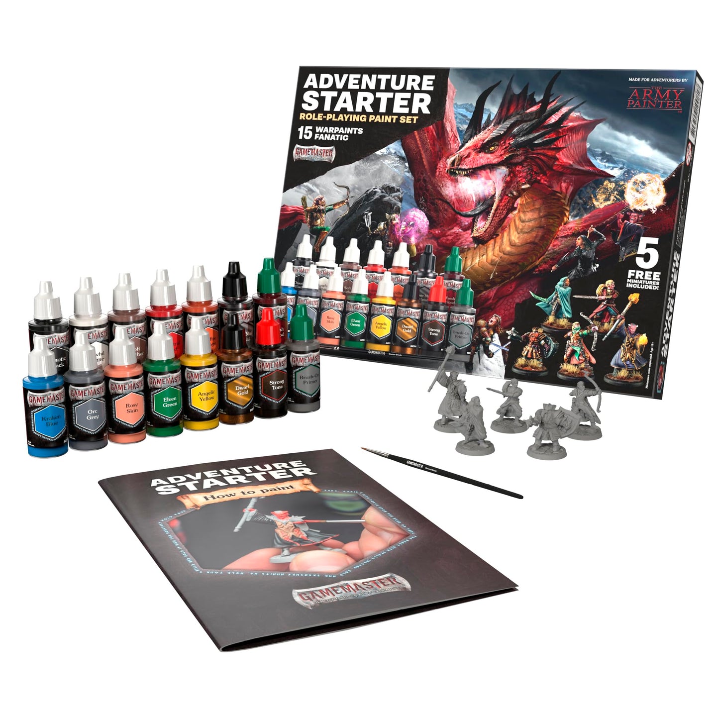 The Army Painter, GameMaster: Adventure Starter Role-playing Paint Set, 15 x 18ml Warpaints Fanatic Acrylic paints, incl. a Brush-On Primer, 5 FREE Miniatures & 1 Brush - For Warhammer & Dnd