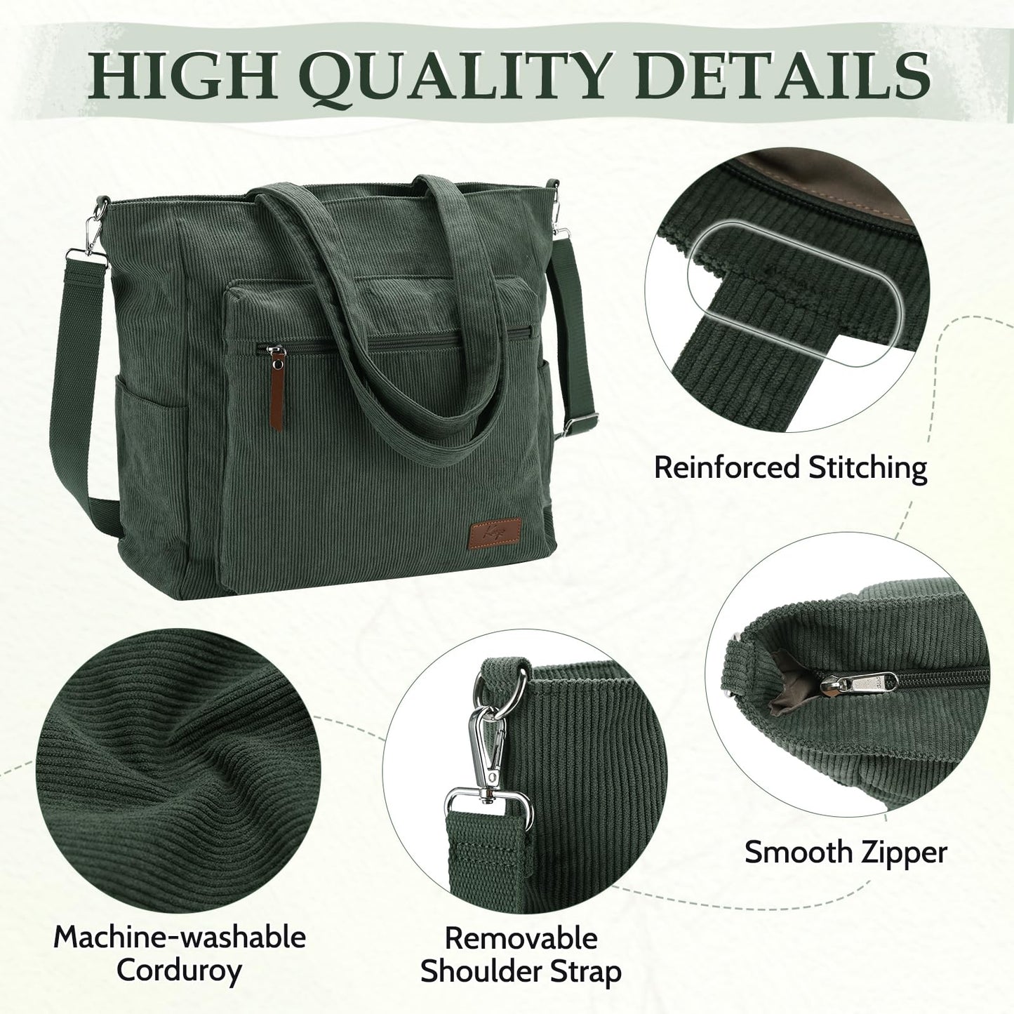 Kasqo Corduroy Tote Bag for Women, Extra Large Zippered Crossbody Shoulder Purse with 15.6" Laptop Compartment for Work Travel School College, Army Green